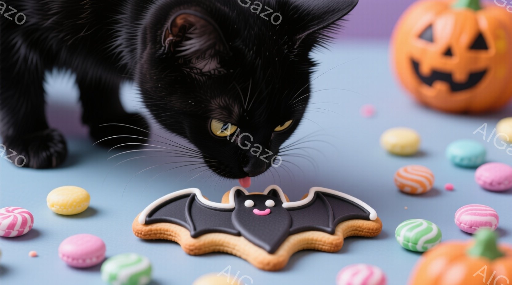 黒猫がバット型のクッキーを舐めています。背景は水色の床にカラフルなマカロンとオレンジ色のジャック・オー・ランタンが散りばめられており、ハロウィーンの雰囲気が漂っています。猫はクッキーに集中しており、その表情は可愛らしく、全体的に明るく楽しい印象です。