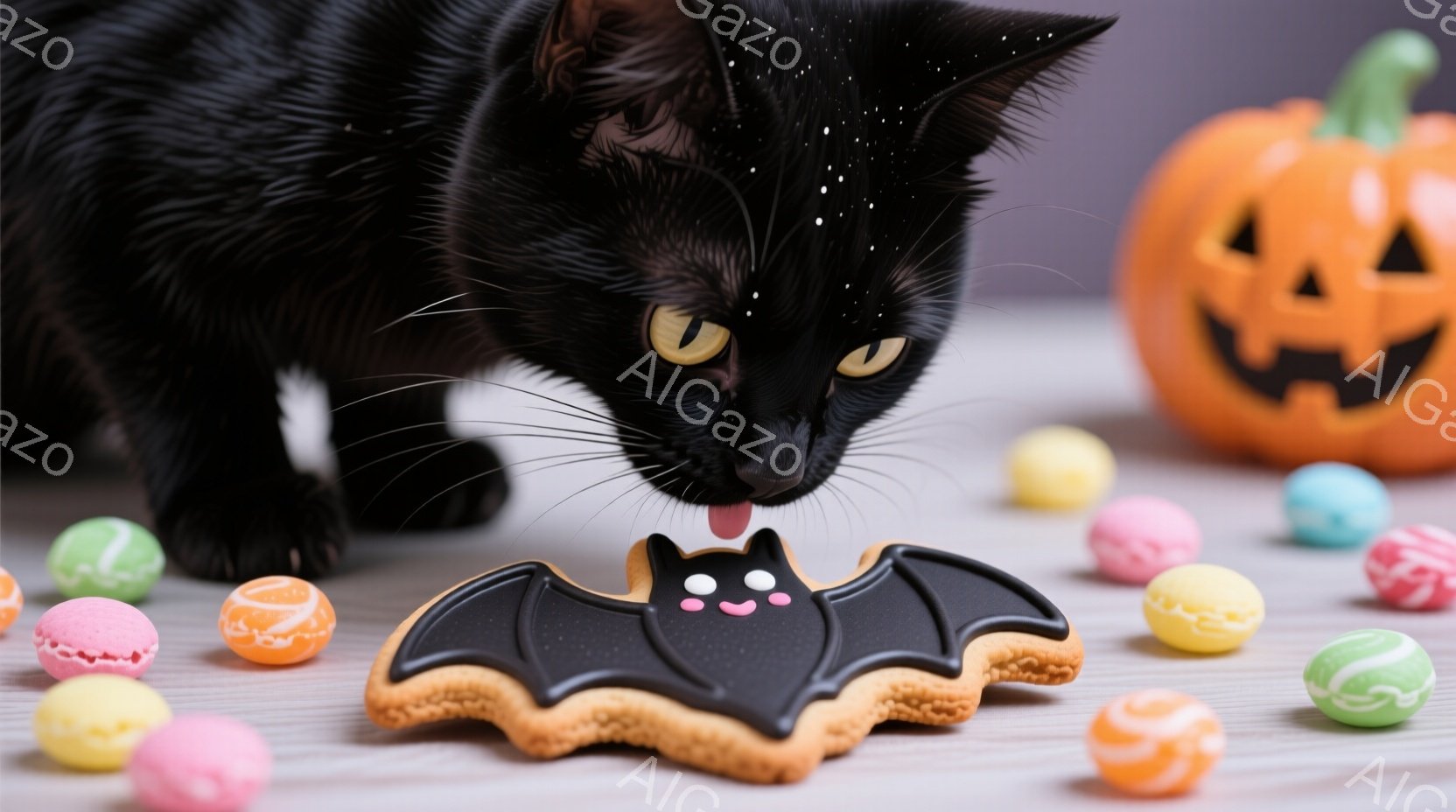 黒い猫が、コウモリの形をしたクッキーを舐めようとしています。周囲にはカラフルなキャンディーが散らばり、背景にはハロウィーンのジャック・オー・ランタンが置かれています。全体的に、ハロウィーンらしい、可愛 - AI生成フリー素材