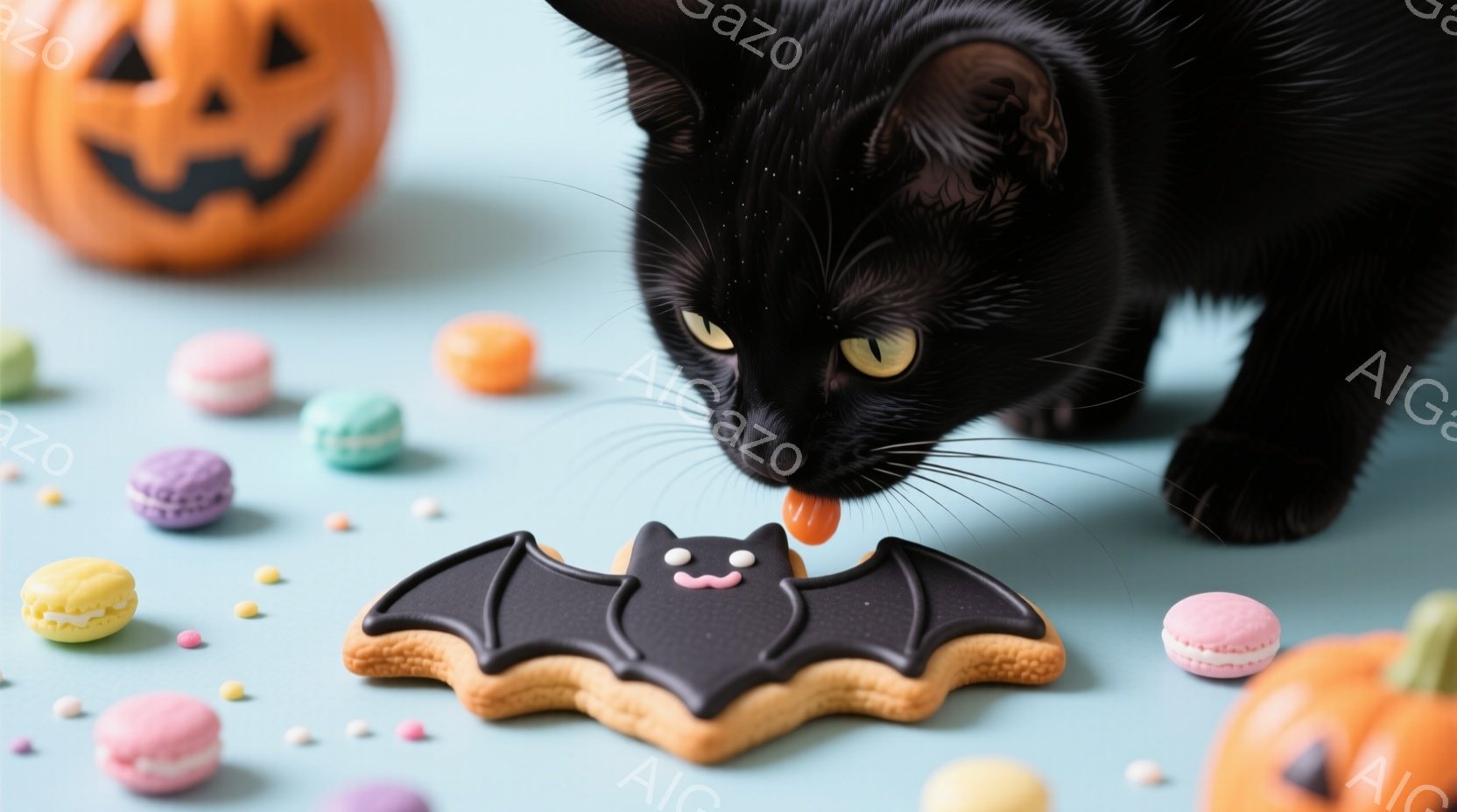 黒い猫が、ハロウィーンをイメージしたクッキーに舌を伸ばそうとしている様子が写っている。背景は水色の床に、かぼちゃのランタンやカラフルなマカロン、小さなキャンディが散りばめられており、ハロウィーンの雰囲気を演出している。猫は好奇心旺盛な表情で、クッキーに興味津々で、可愛らしい光景である。