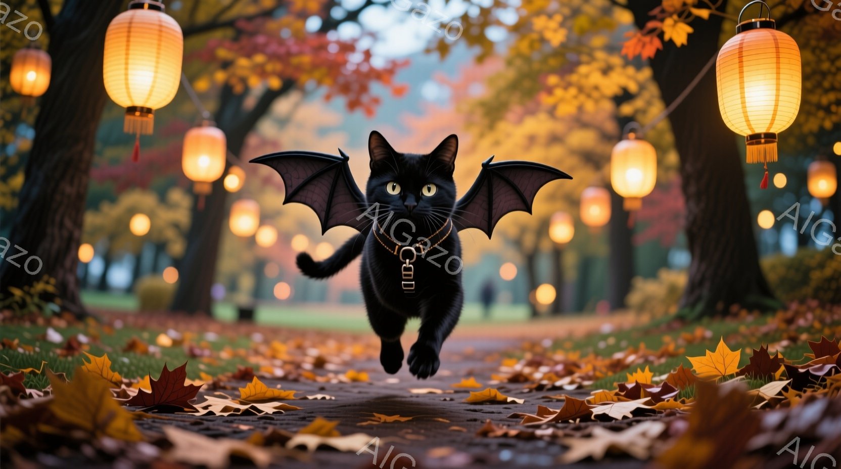 黒猫が翼を広げ、落ち葉が散らばる道を駆け抜けている。背景には、夕暮れ時の公園の木々が並び、暖かい光を放つ提灯が吊るされ、幻想的な雰囲気を醸し出している。猫は首輪をつけており、その表情はどこか楽しげで、秋の夕暮れを駆け抜ける自由な姿が印象的だ。