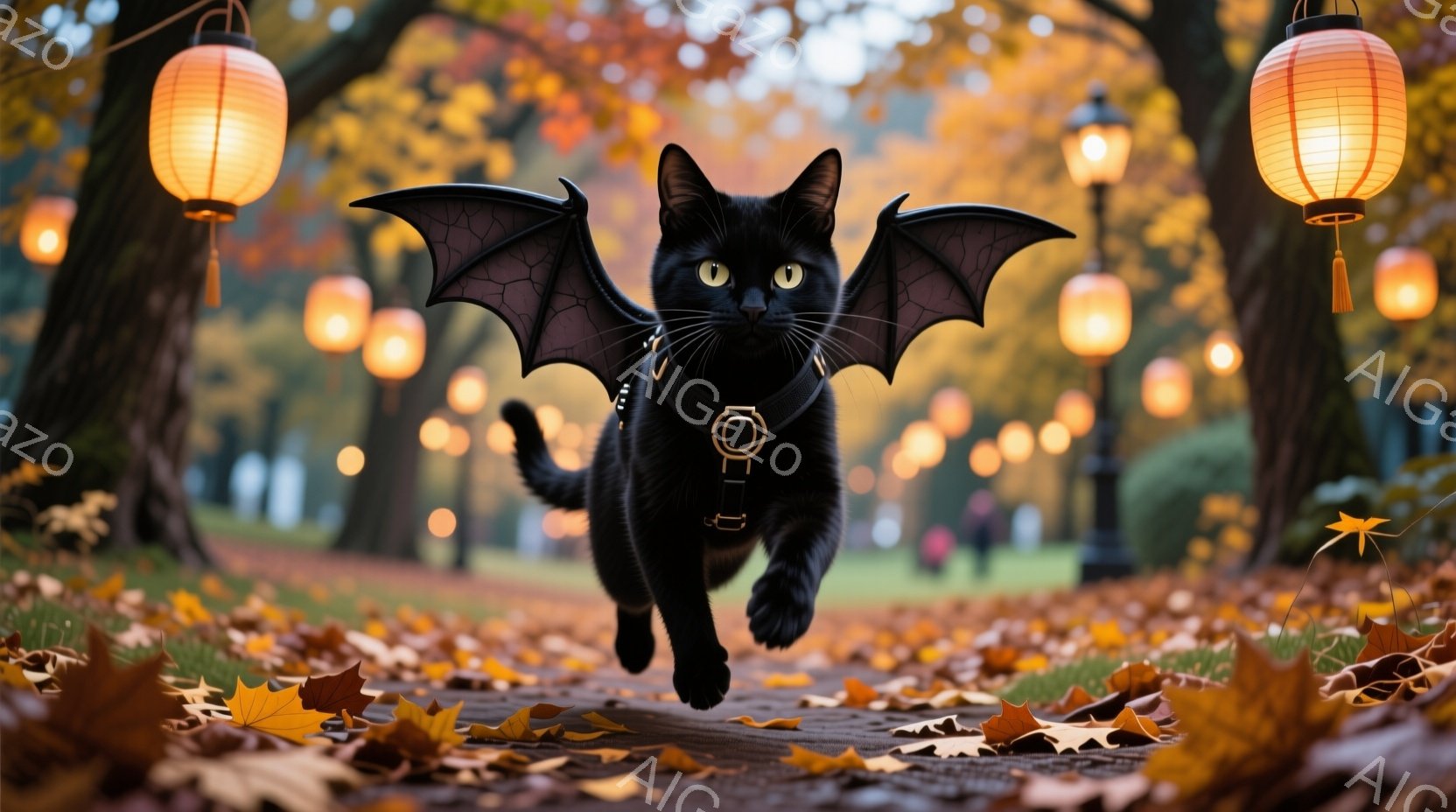 黒猫が翼を広げ、落ち葉が散らばる道を走っている。背景には、ぼんやりとした街灯と、秋らしい木々と落ち葉が広がり、ハロウィーンのような幻想的な雰囲気を醸し出している。猫は首輪をつけており、楽しげに駆け抜け - AI生成フリー素材