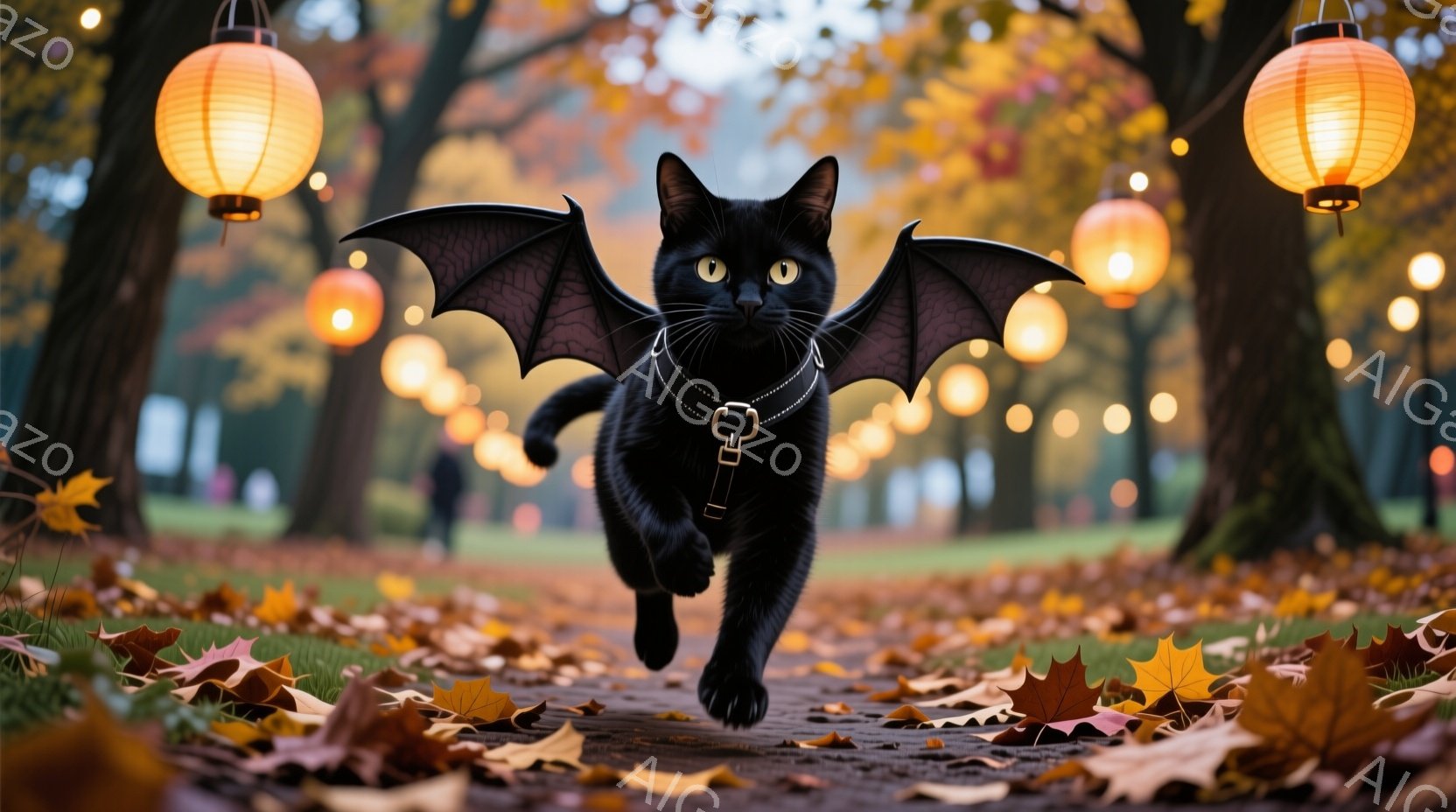 黒猫が翼を広げ、落ち葉が散らばる道を駆けている。背景にはぼやけた木々と、夕暮れ時のようなオレンジ色の光を放つ提灯が並び、ハロウィーンのような雰囲気を醸し出している。猫はリードをつけており、どこか楽しげで、少しいたずらっぽい表情をしている。