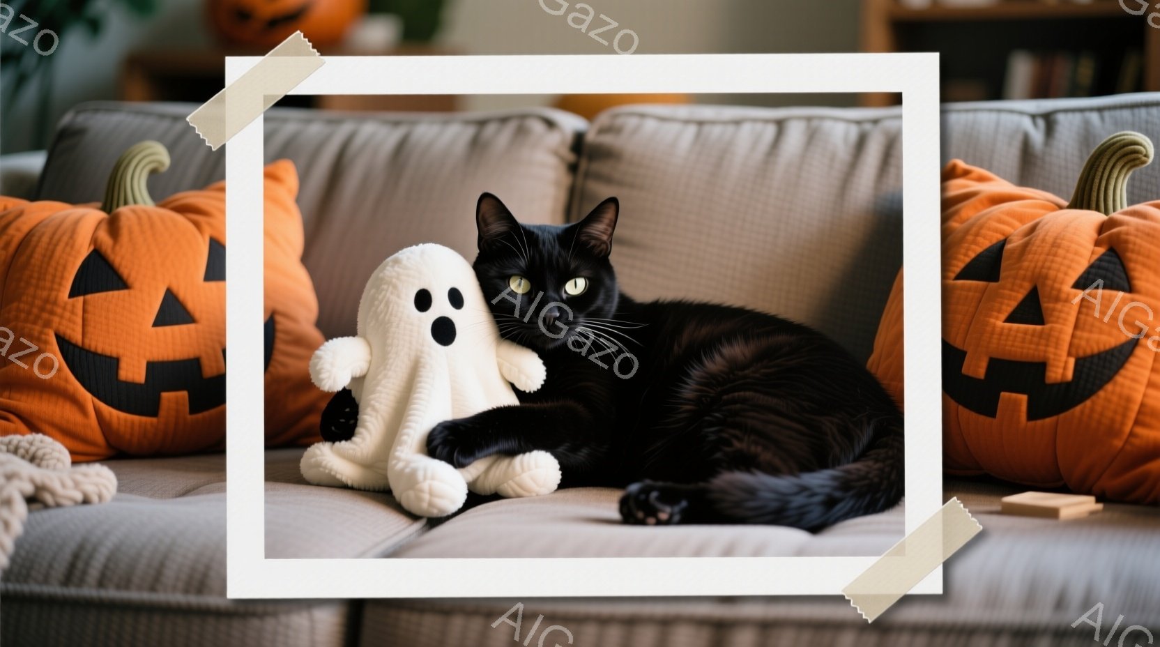 黒猫がハロウィーンの装飾がされたソファに横たわっており、白いゴーストのぬいぐるみが猫の隣に座っています。オレンジ色のジャック・オー・ランタンのクッションが両側に配置され、背景にはぼやけた室内が見えます。全体的に、猫はリラックスした様子で、ハロウィーンの穏やかな雰囲気を醸し出しています。