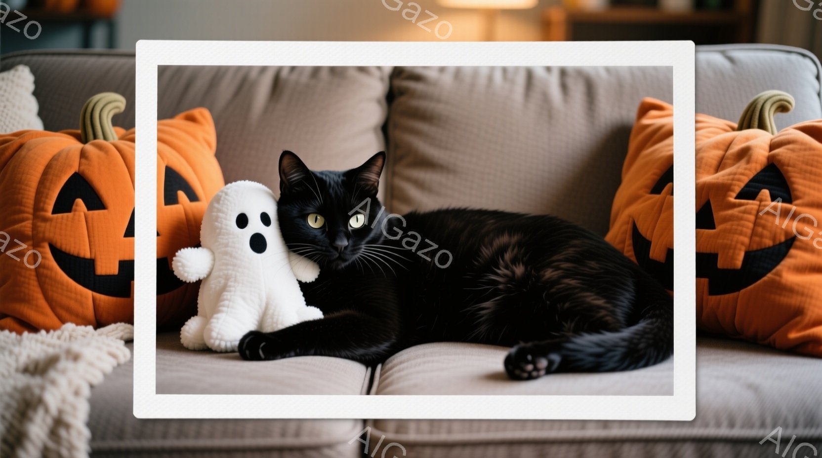 黒い猫が、ハロウィーンの装飾がされたソファに横たわっています。オレンジ色のカボチャのクッションと白いゴーストの人形が猫の周りに置かれ、秋の温かく居心地の良い雰囲気を醸し出しています。猫はリラックスした姿勢で、眠たげな表情をしています。