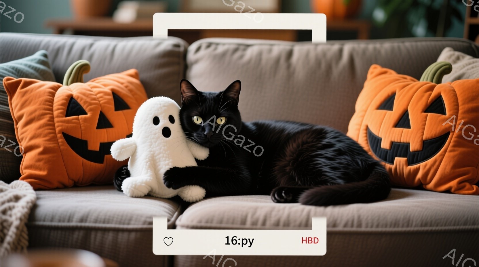 ソファに黒猫が横たわり、隣には白いゴーストのぬいぐるみがあります。猫はリラックスした様子で、丸まって眠っているかのように見えます。背景には、ハロウィーンを連想させるオレンジ色のカボチャ柄のクッションが配置され、全体的に温かく、落ち着いた雰囲気を醸し出しています。