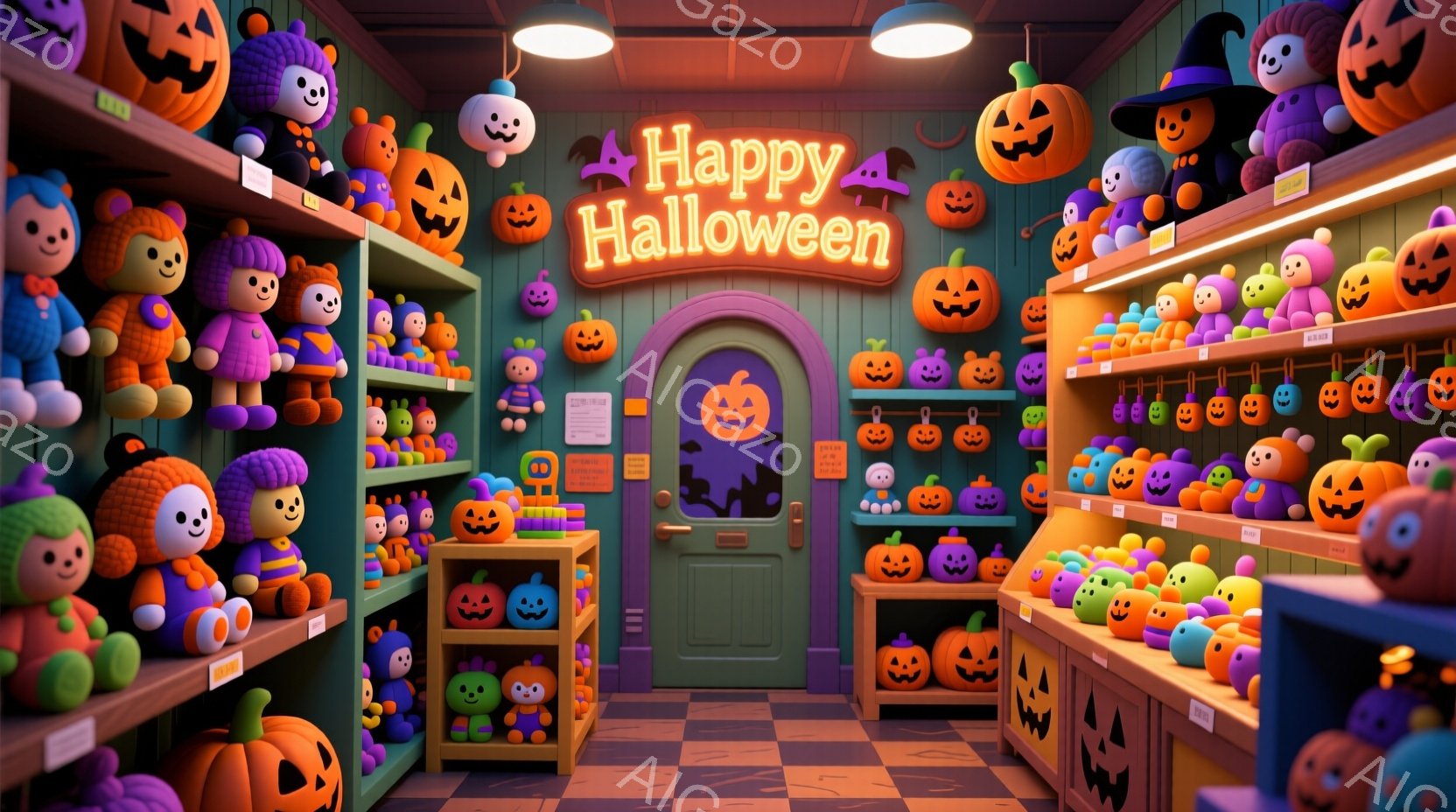 カラフルなハロウィーンショップの内部で、たくさんのカボチャのおもちゃが棚に並んでいます。紫色のドアには「Happy Halloween」と書かれており、床は紫とオレンジのチェック柄で装飾されています。全体的に明るくお祝いの雰囲気で、可愛らしいカボチャの表情が印象的です。