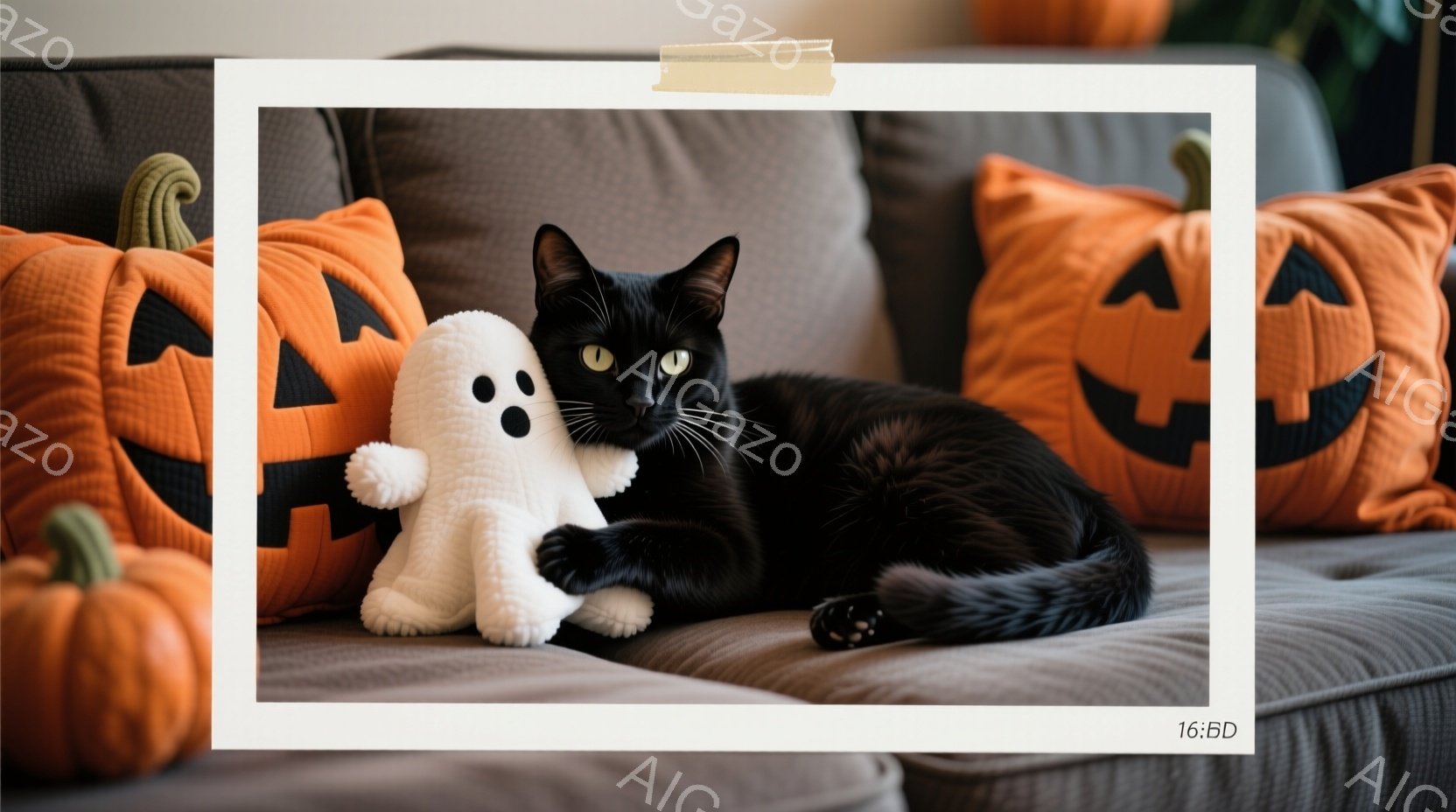 黒猫が、ハロウィーンの装飾がされた灰色のソファに横たわっています。猫は白いゴーストのぬいぐるみにもたれかかり、リラックスした表情でカメラを見つめています。背景には、オレンジ色のカボチャのクッションや小物が配置され、秋の温かくお祝いムードを演出しています。