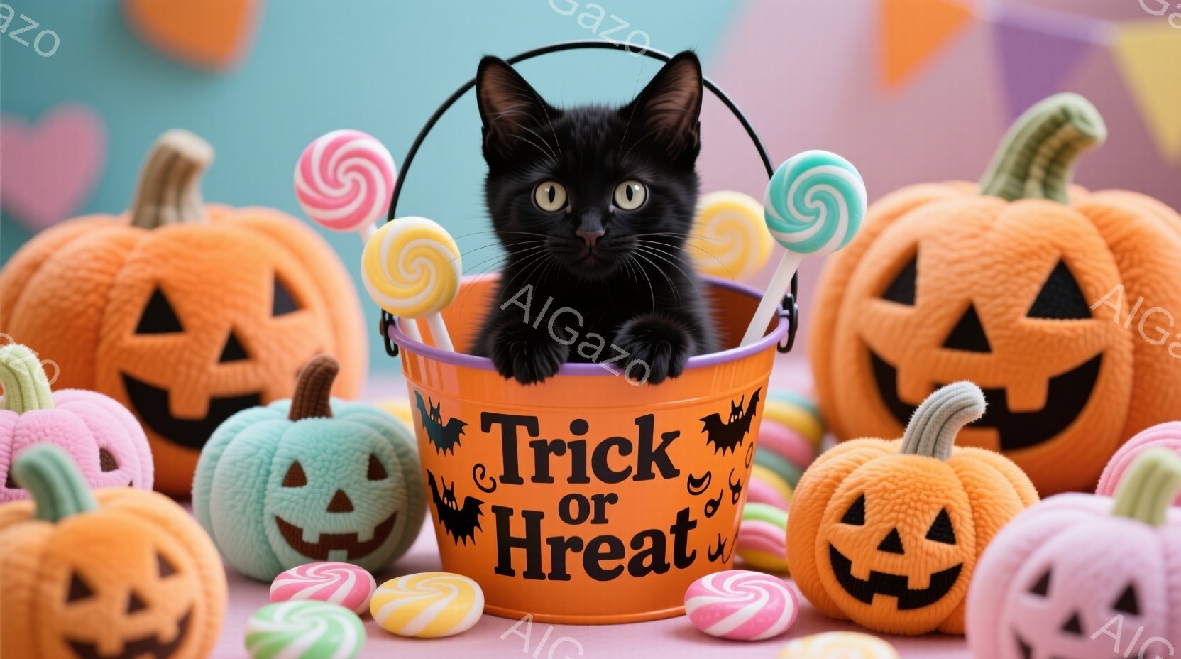 黒猫がオレンジ色の「トリック・オア・トリート」と書かれたバケツから顔を出しています。バケツの周りには、ハロウィンのカボチャの形をしたキャンディーと、オレンジと水色のカボチャが散りばめられています。全体的に明るく、可愛らしいハロウィンの雰囲気が漂っています。