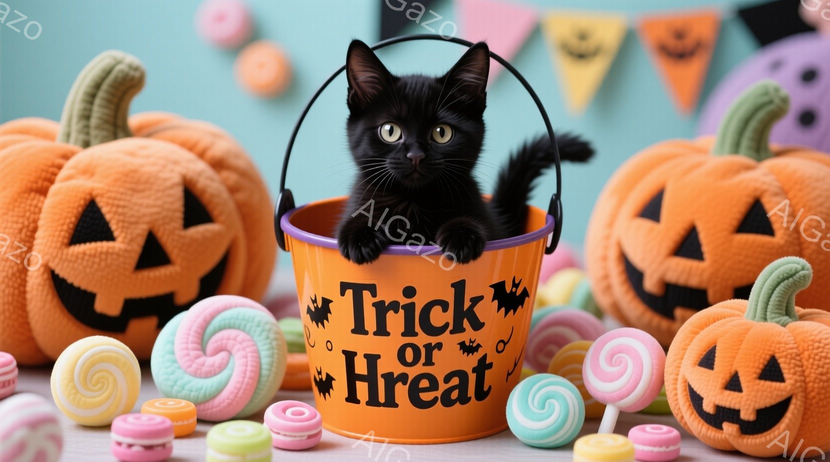 オレンジ色の背景に、ハロウィーンをテーマにした可愛らしい構図が広がっています。黒猫が「トリック・オア・トリート」と書かれたオレンジ色のバケツの中に座っており、お菓子やパンプキン型の可愛らしいおもちゃに囲まれています。全体的に明るく楽しい雰囲気で、秋のハロウィーンの到来を感じさせます。