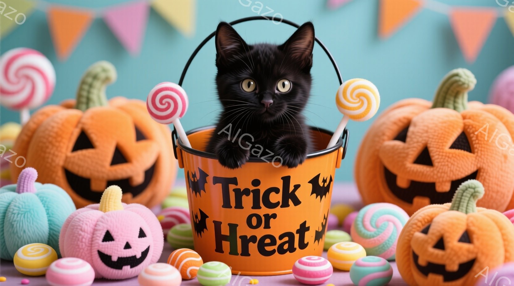 黒い子猫がオレンジ色の「トリック・オア・トリート」と書かれたバケツの中に座っています。周りには様々な色と形のキャンディーや、青、オレンジ、ピンク色のジャック・オー・ランタンが置かれており、ハロウィーンの雰囲気を盛り上げています。全体的に可愛らしく、遊び心のある、陽気な雰囲気です。
