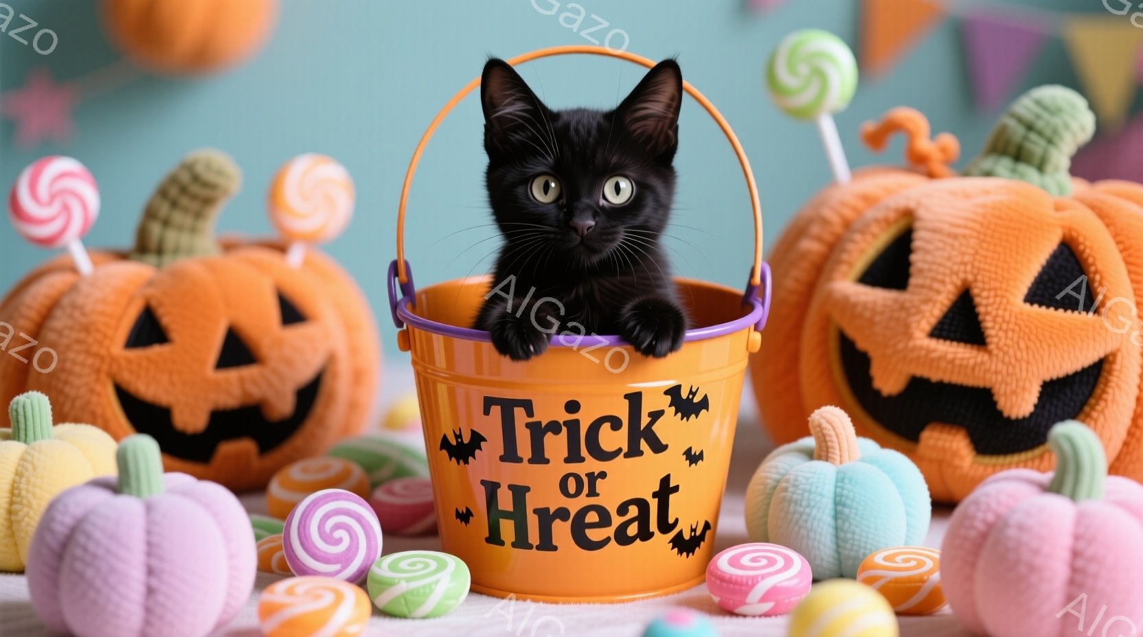 黒い子猫がオレンジ色のハロウィーンのバケツの中から顔を出しています。バケツには「Trick or Treat」と白文字で書かれており、背景にはさまざまな色のパンプキンと渦巻きキャンディが配置されています。 全体的に可愛らしく、お祭り気分を盛り上げる、温かい雰囲気の写真です。
