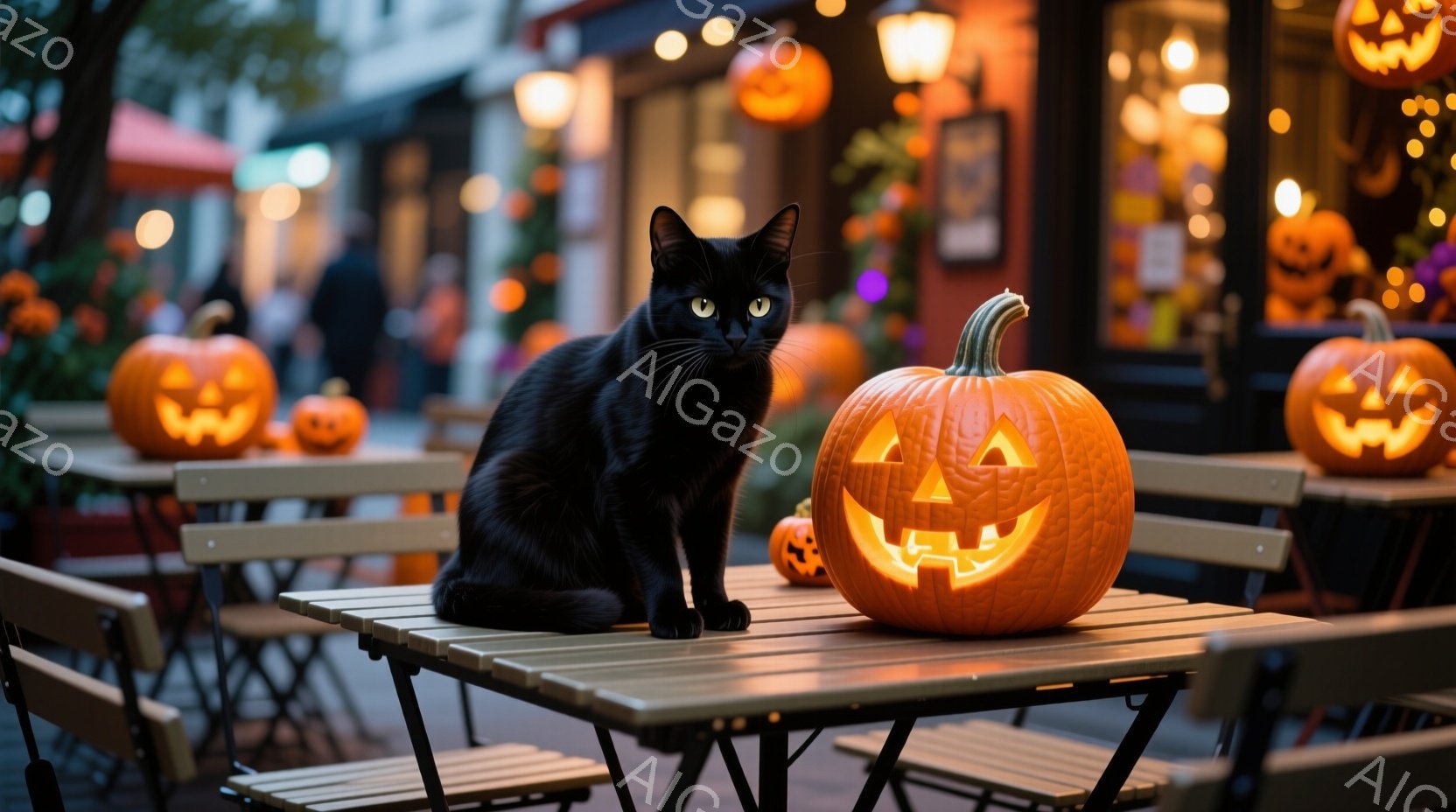 黒猫が屋外のカフェのテーブルに座っており、周りにはジャック・オー・ランタンが置かれている。背景にはぼやけた建物と、ハロウィーンの装飾が施されたカフェの内部が見える。全体的に、ハロウィーンの夜の穏やかで - AI生成フリー素材