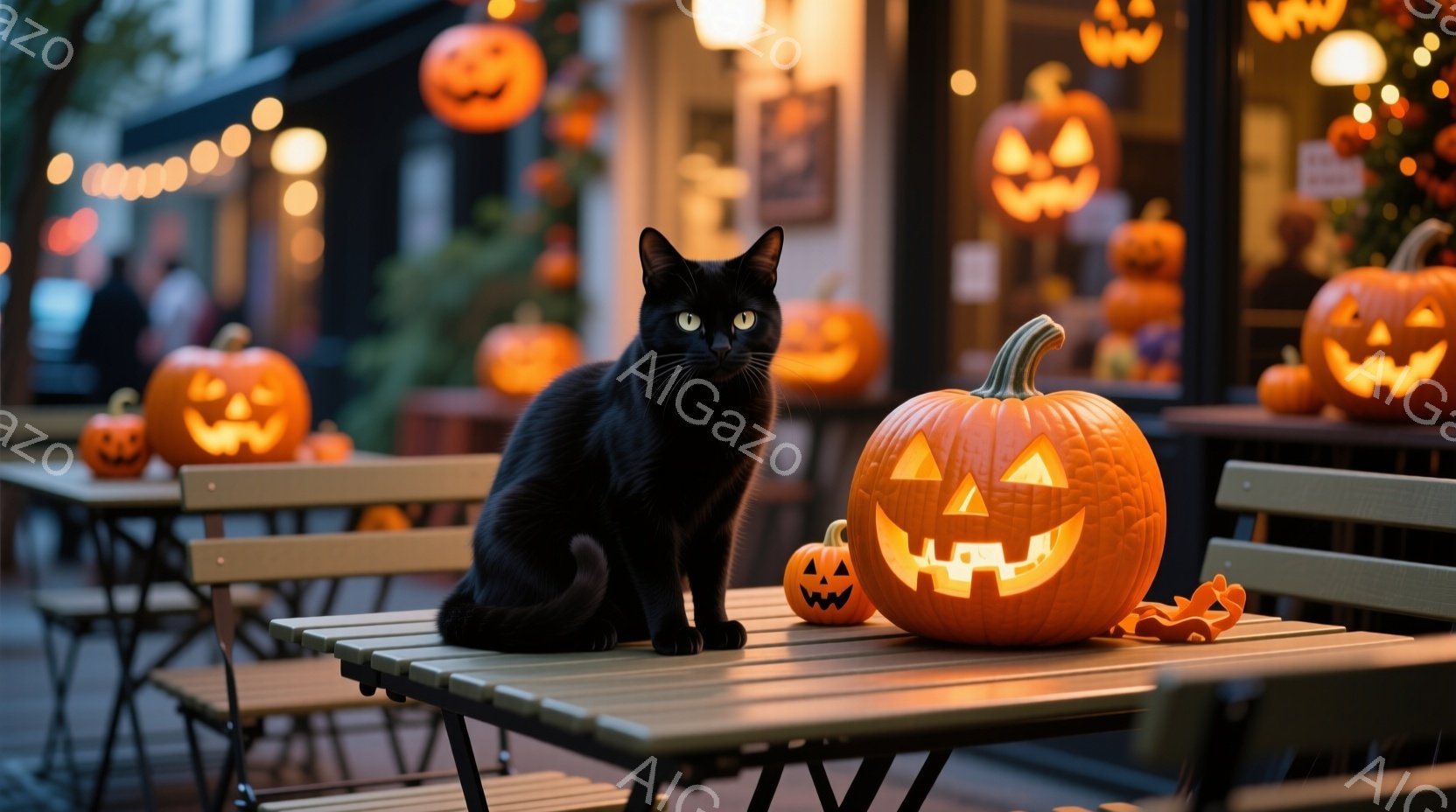 黒猫が屋外のテーブルに座っており、周囲には様々な大きさのジャック・オ・ランタンが置かれている。背景にはぼんやりとした建物と、オレンジ色の暖かい光が灯るストリングライトが見え、ハロウィーンの夜の温かく幻 - AI生成フリー素材