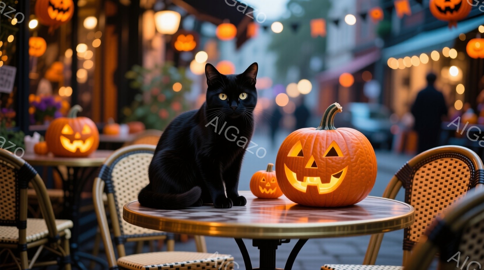 黒猫がテーブルの上に座っており、そのテーブルの上にはジャック・オー・ランタンが置かれています。背景にはぼやけた街並みと、ハロウィーンを象徴するオレンジ色のカボチャの装飾が並び、秋の夜の温かく幻想的な雰囲気を醸し出しています。テーブルと椅子は屋外カフェのもので、全体的にハロウィーンの夜の穏やかな光景が表現されています。