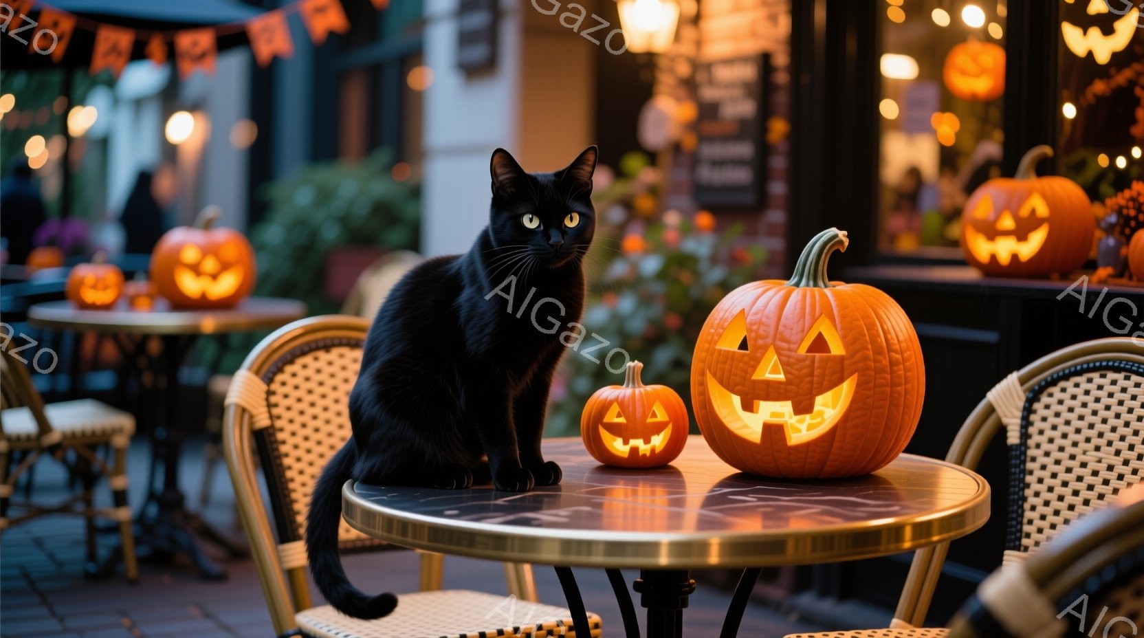 黒猫が屋外のカフェのテーブルに座っており、周囲にはジャック・オー・ランタンが並べられています。猫は真っ黒な毛並みで、緑色の瞳が印象的です。背景にはぼやけたカフェの建物と、ハロウィーンを象徴するオレンジ - AI生成フリー素材