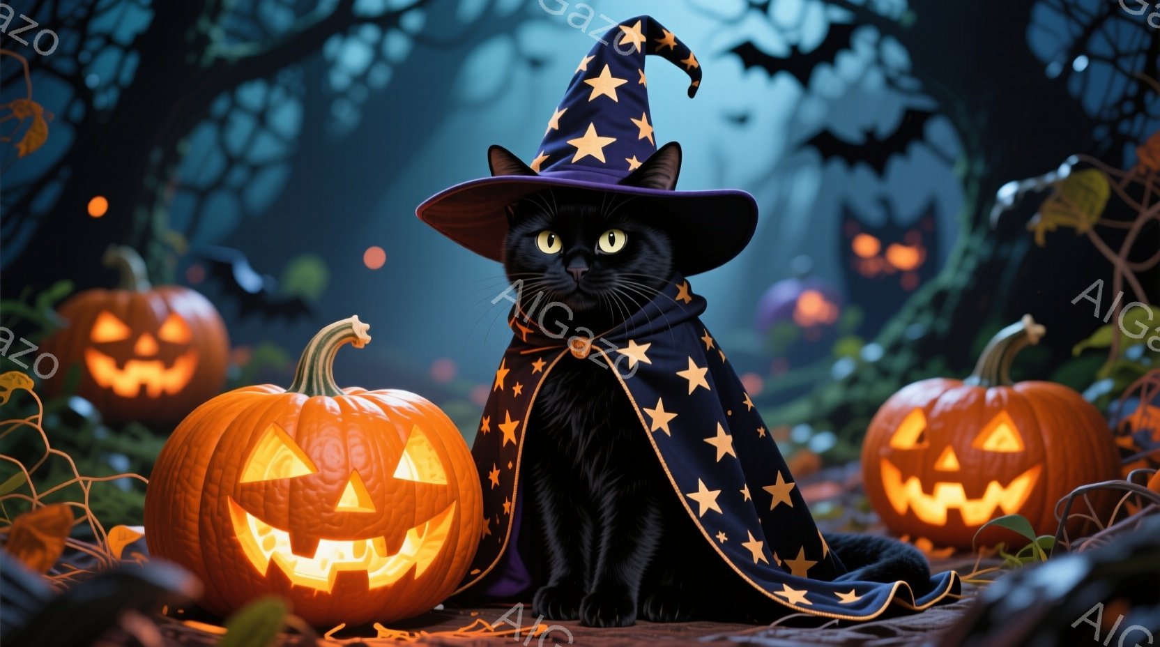 黒猫が紫色の星柄のマントと先の尖った帽子を身に着けて座っています。その表情は少し無表情で、周囲のジャック・オー・ランタンと暗い森の背景がハロウィーンの雰囲気を醸し出しています。オレンジ色の光が猫と背景 - AI生成フリー素材