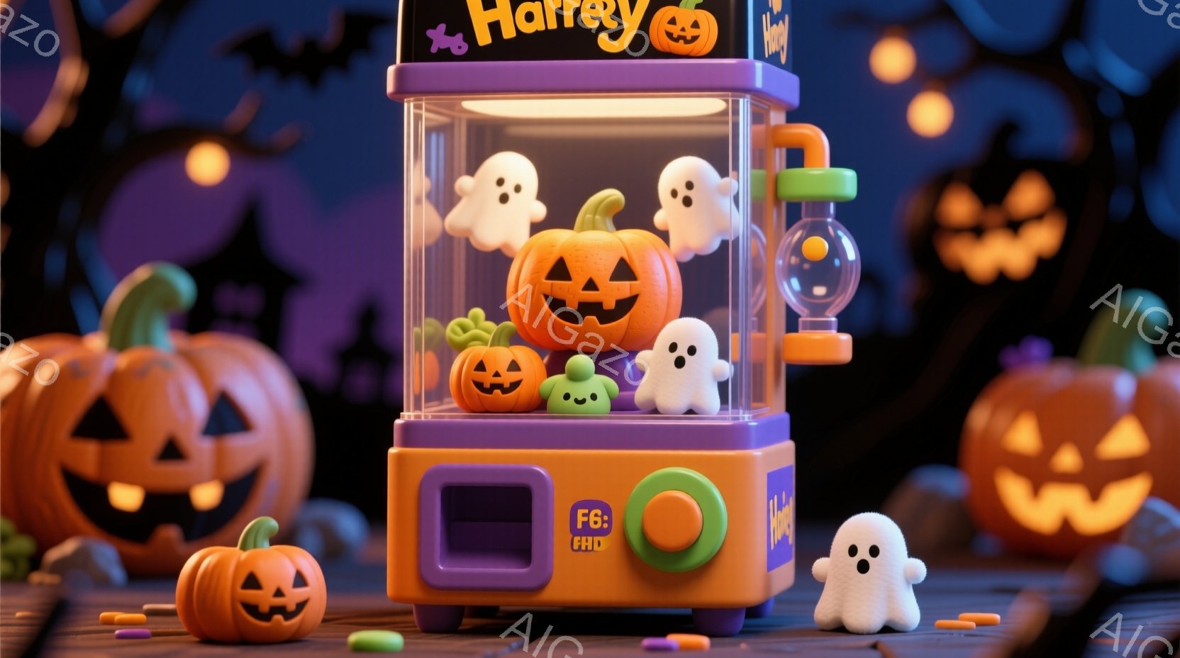 ハロウィーンをテーマにしたクレーンゲーム機とその周りの装飾が写っています。オレンジ色のカボチャや白いお化けがクレーンゲーム機の中に収められており、周囲にはさらに大きなカボチャが配置されています。背景は - AI生成フリー素材