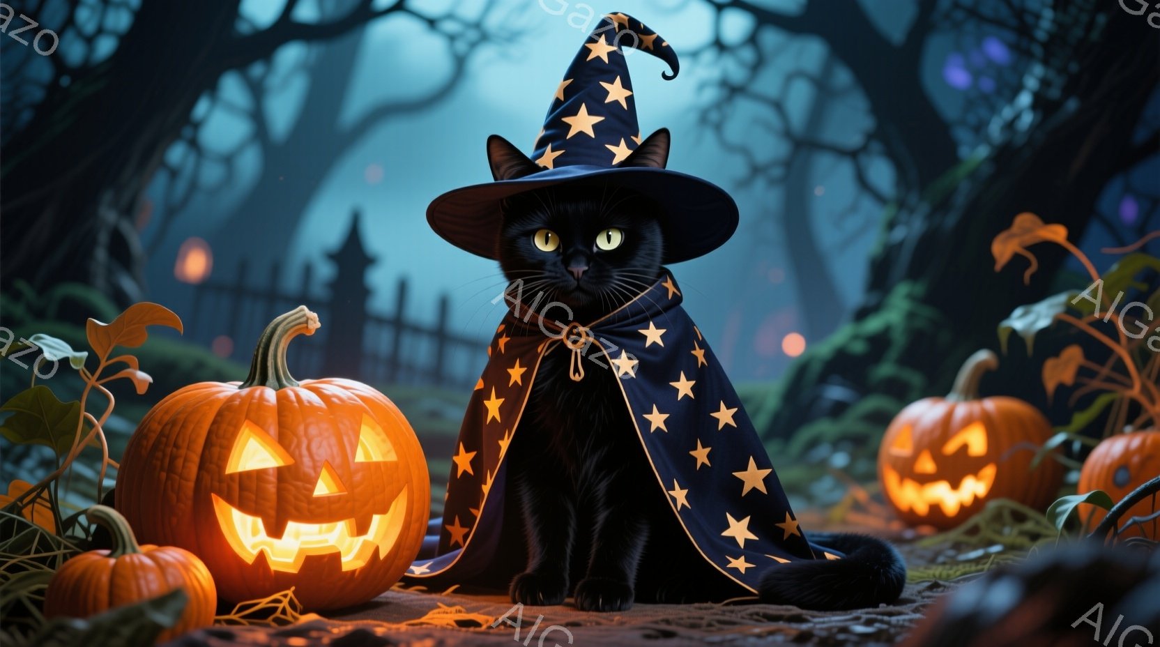 真っ黒な猫が、星が散りばめられた青いマントと先の尖った魔法使い帽子を身につけて座っています。周囲にはジャック・オー・ランタンがいくつか置かれ、背景にはぼやけた木々やフェンスが見え、薄暗く神秘的な雰囲気 - AI生成フリー素材