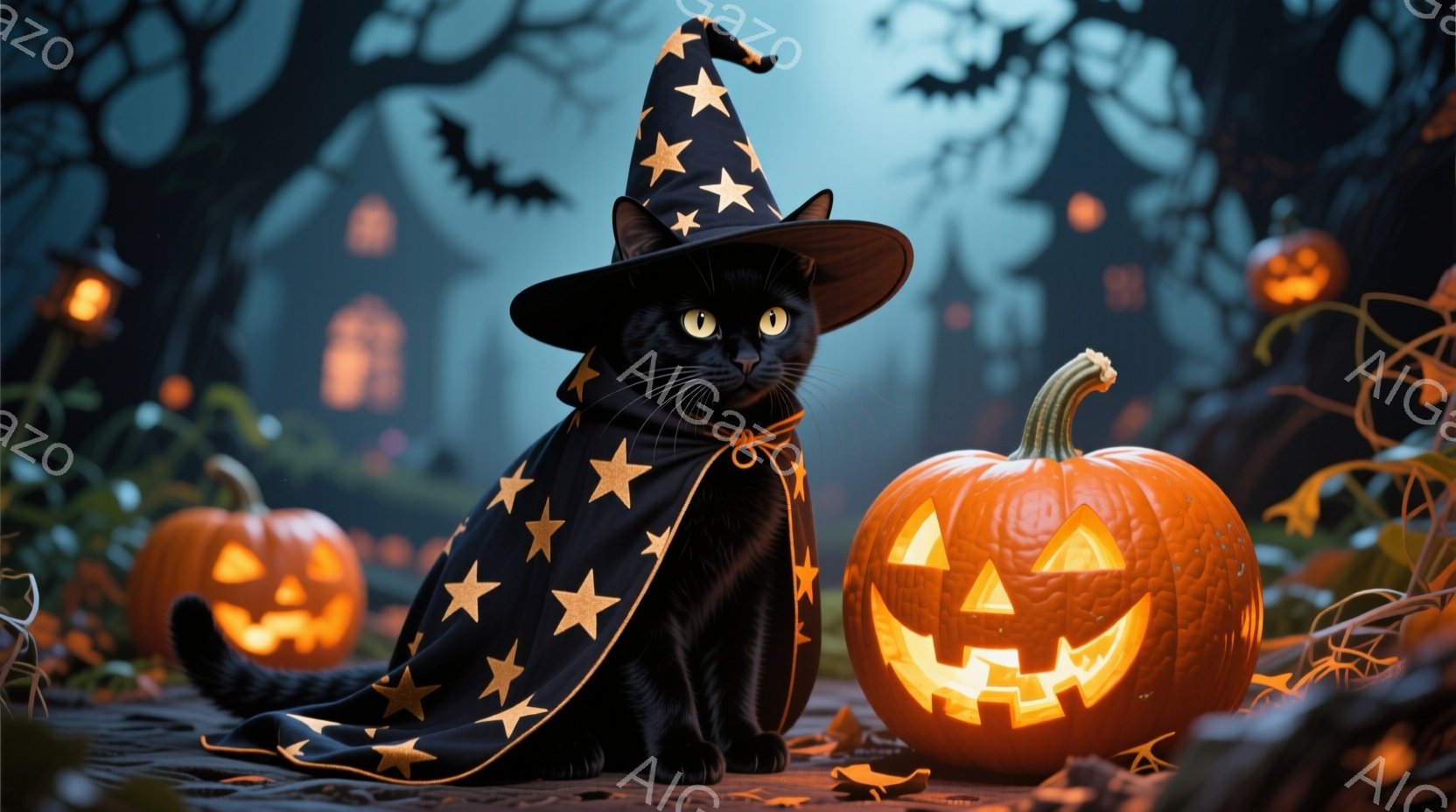 黒猫が魔法使いの帽子と星模様のマントを身につけ、満面の笑みを浮かべたジャック・オー・ランタンの隣に座っている。背景には不気味な木々や、ぼんやりと見える建物、そして夜空を飛ぶコウモリが描かれており、ハロ - AI生成フリー素材