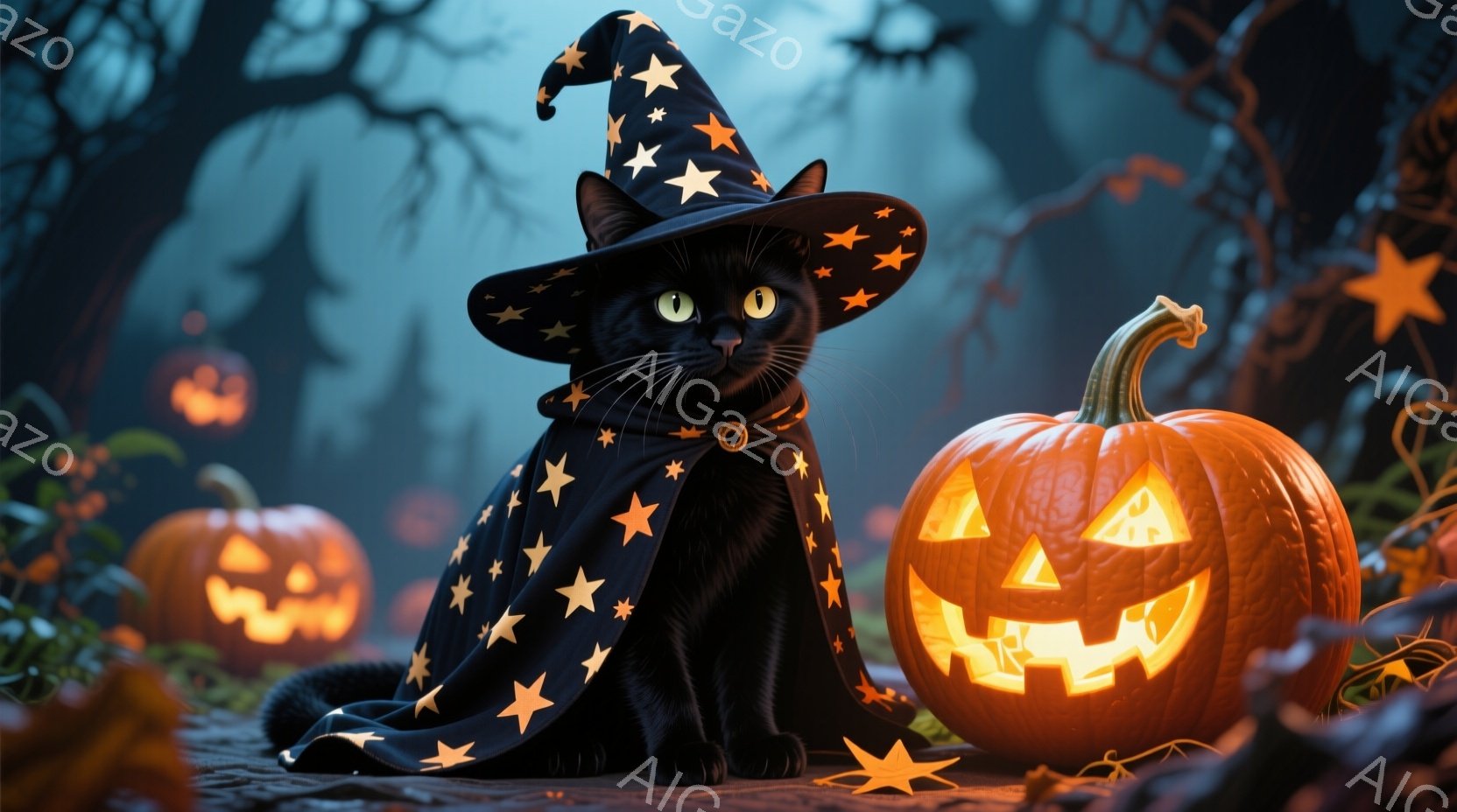 黒猫が魔女の帽子と星が散りばめられたマントを身につけ、座って正面を見ている。背景には、様々な大きさのジャック・オー・ランタンが並び、暗い森と霧が立ち込める不気味な雰囲気を作り出している。ハロウィーンの - AI生成フリー素材