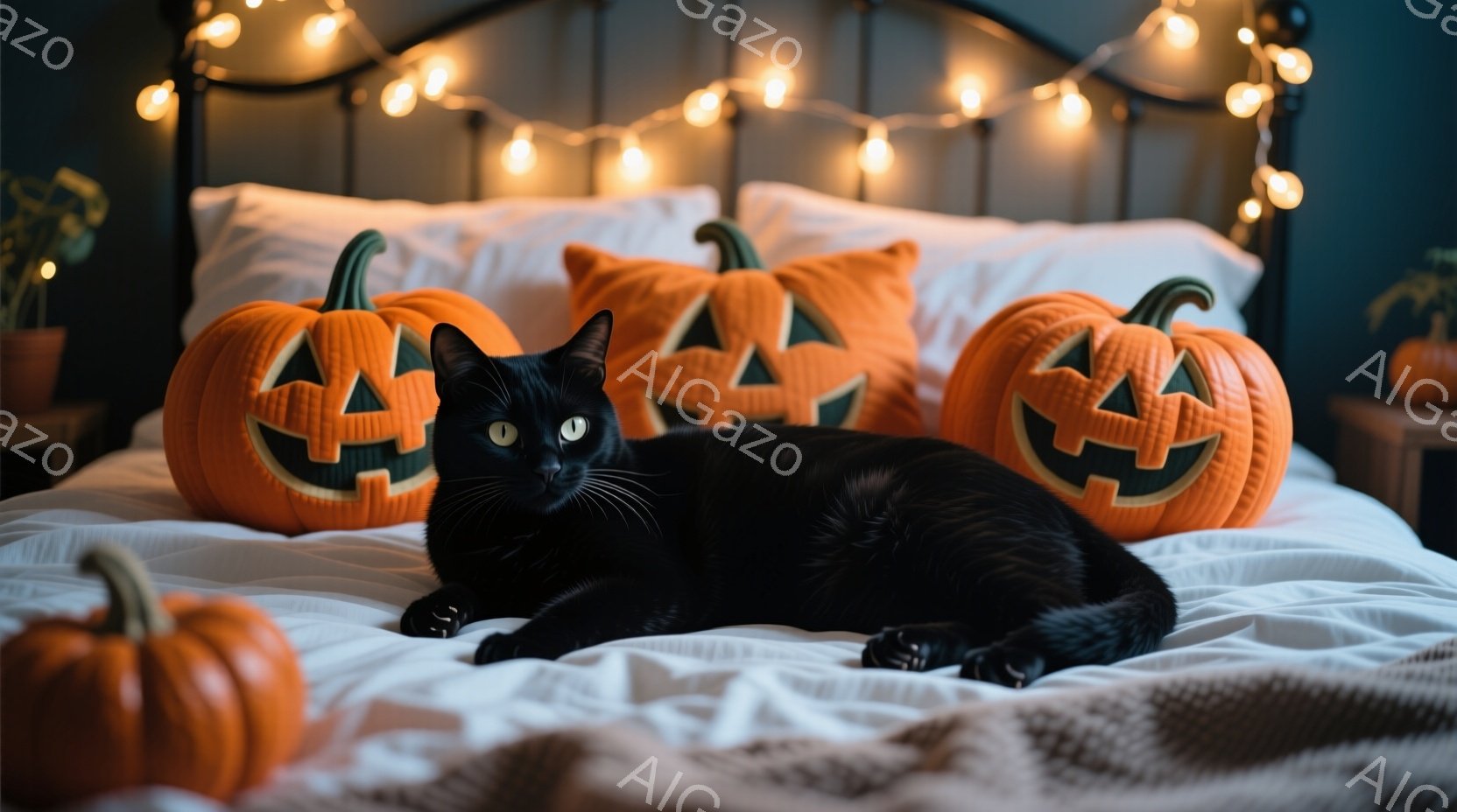 黒猫が白いベッドの上に横たわり、ハロウィーンのオレンジ色のジャック・オ・ランタンの枕に囲まれています。猫はリラックスした表情で、少しだけカメラを見ています。背景には、暖色系の光が点在し、秋らしい雰囲気 - AI生成フリー素材