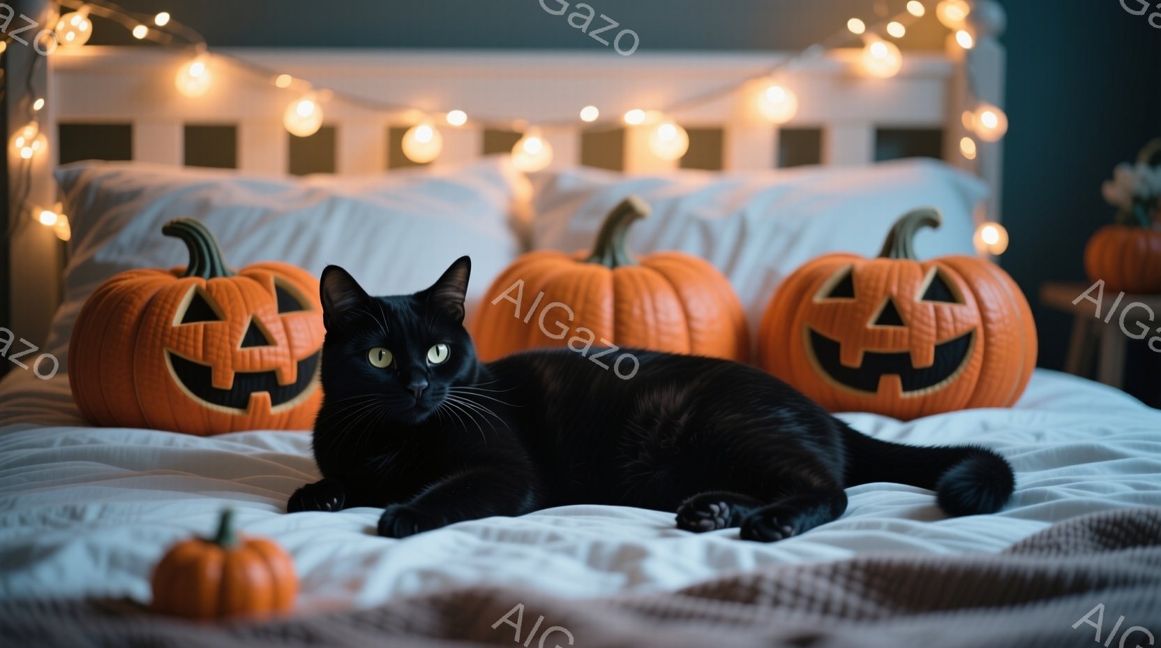 黒猫が白いベッドの上で横たわり、リラックスした様子でカメラを見つめています。背景には、ハロウィン用の彫刻が施されたオレンジ色のカボチャがいくつか置かれ、暖色のストリングライトがベッドのヘッドボードを飾 - AI生成フリー素材