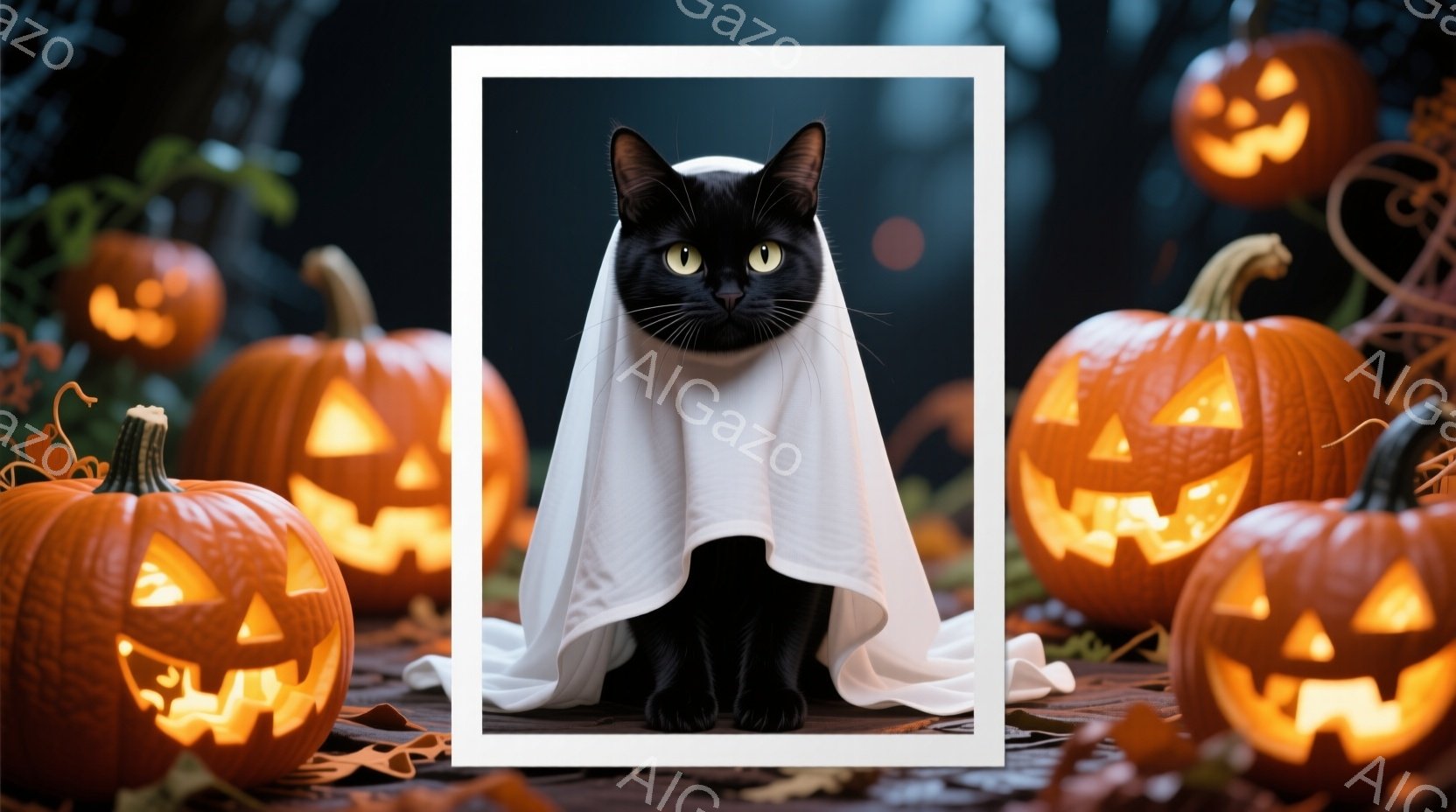 黒猫が白い布を羽織り、ハロウィーンの雰囲気を醸し出しています。周囲にはジャック・オー・ランタンが並び、暗闇の中で不気味な光を放っています。全体的に、少し不気味でありながらも可愛らしい、ハロウィーンらし - AI生成フリー素材