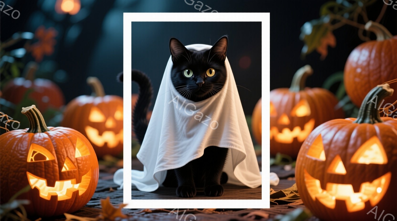 黒猫が白い布をまとい、正面を見つめている。周囲にはジャック・オー・ランタンが並び、ハロウィーンの夜を彷彿とさせる雰囲気がある。背景は暗く、オレンジ色の光が猫とカボチャを照らし、少し不気味ながらも可愛ら - AI生成フリー素材