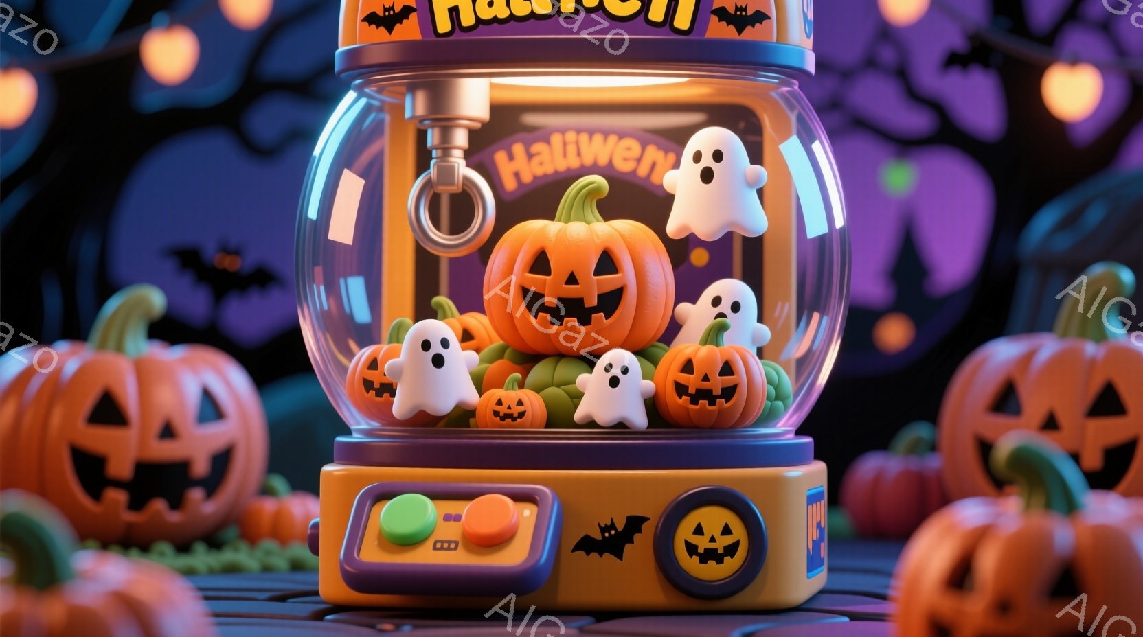 鮮やかなオレンジ色のカボチャと白いお化けが、透明なカプセル玩具の機械の中にたくさん詰まっています。背景には、ハロウィーンを象徴する黒いコウモリやオレンジ色のカボチャが配置され、お祭り気分を盛り上げています。全体的に、カラフルで可愛らしいハロウィーンの雰囲気を感じさせる画像です。