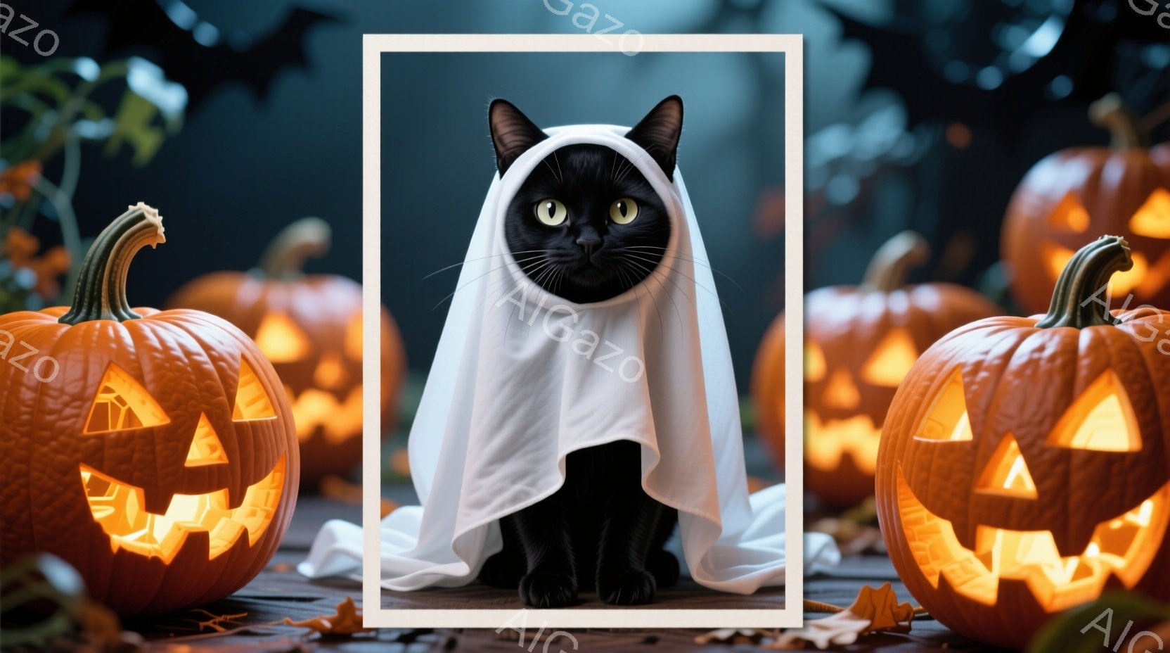 黒い猫が白い布を羽織って座っており、まるで幽霊のようになっています。背景には、くり抜かれたジャック・オ・ランタンがいくつか並べられており、ハロウィーンの雰囲気が漂っています。全体的に、ハロウィーンらし - AI生成フリー素材