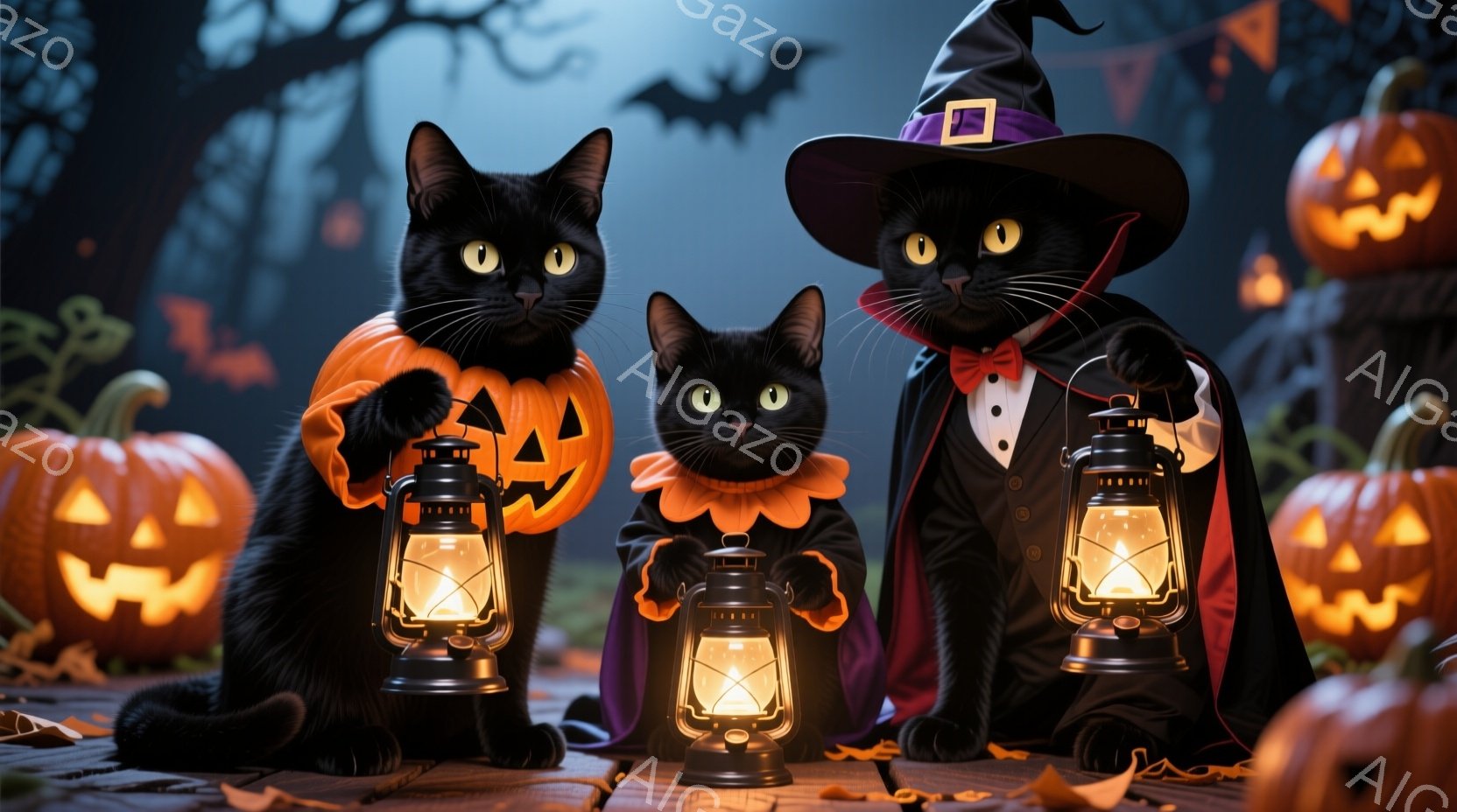 黒猫が３匹、ハロウィーンの装いで並んでいます。中央の猫はオレンジ色のフリル襟、左右の猫はそれぞれカボチャの模様の服と黒いマントと帽子を身につけています。背景にはジャック・オー・ランタンや木のシルエット - AI生成フリー素材