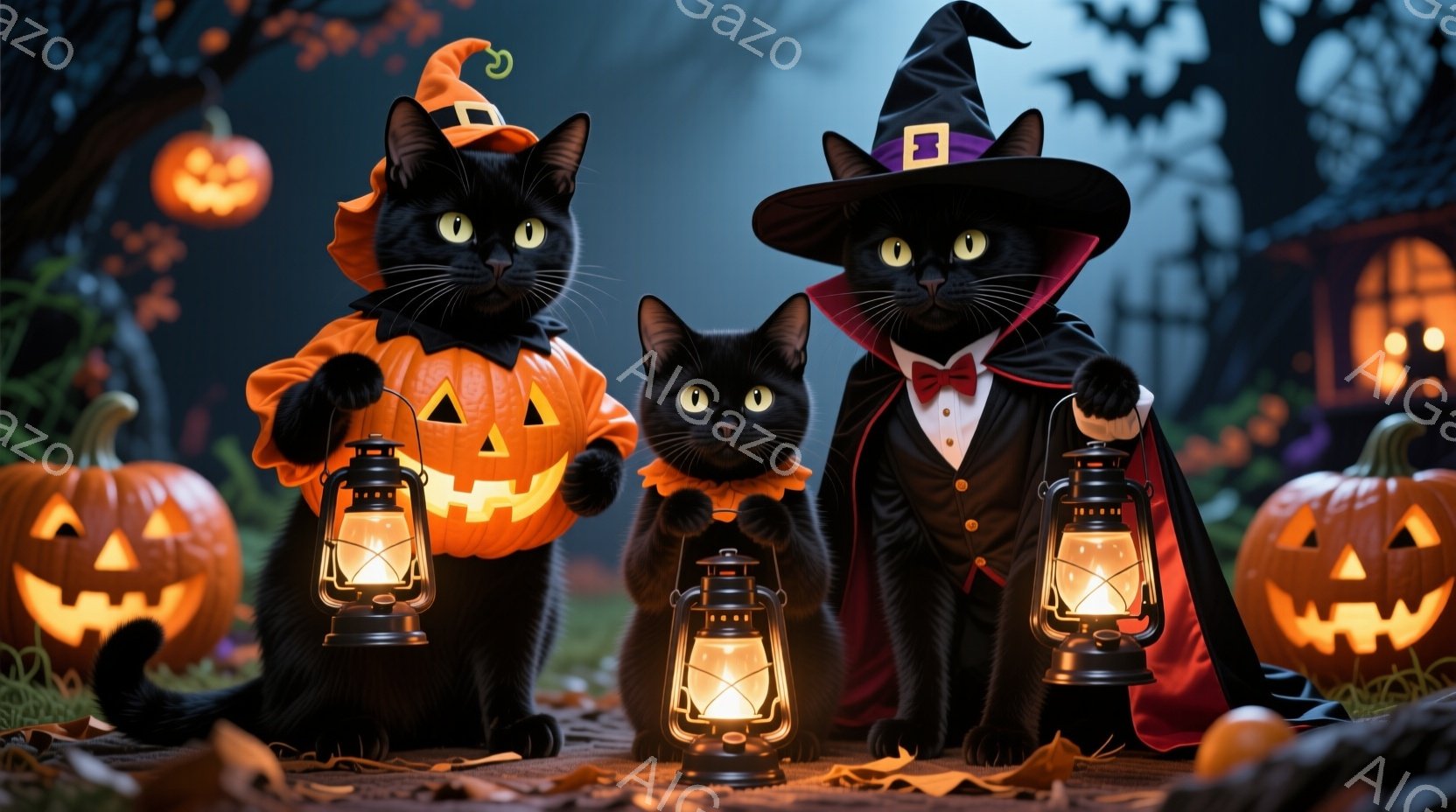 三匹の黒猫がハロウィーンの装いで並んでいます。左の猫はカボチャの衣装を着て、中央の猫はオレンジ色の首輪、右の猫は燕尾服に帽子をかぶっています。背景には、ジャック・オー・ランタンや不気味な建物、落ち葉が - AI生成フリー素材