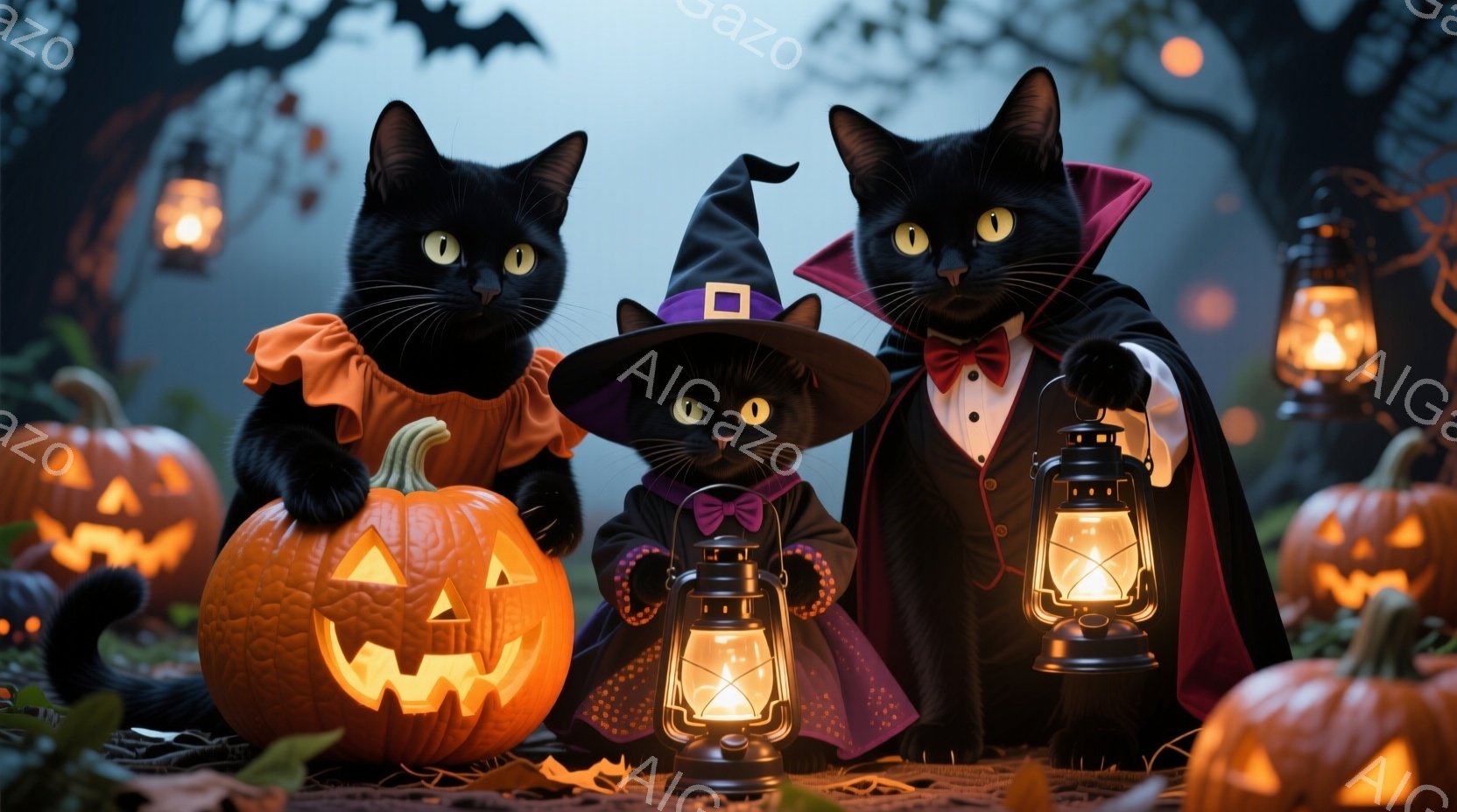 黒猫たちがハロウィーンの衣装を着て、カボチャのランタンの周りに集まっている様子が描かれています。左の猫はオレンジ色のドレスを着ており、中央の猫は紫色の帽子とケープを、右の猫は黒いタキシードと赤いマント - AI生成フリー素材