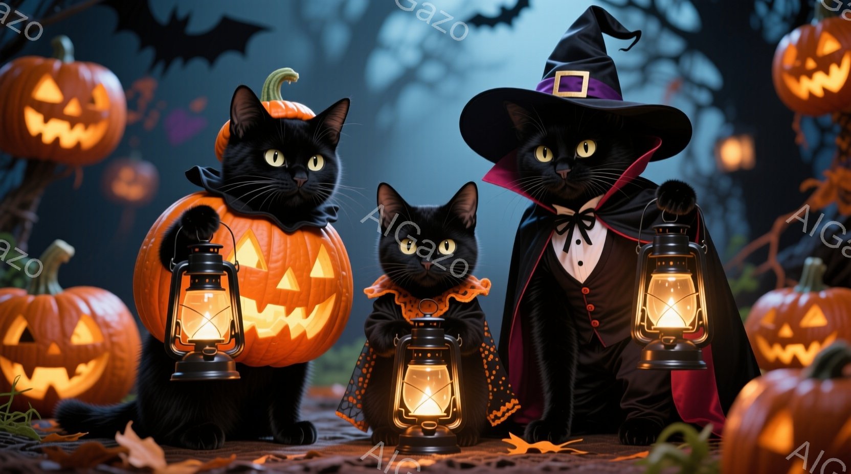 黒猫がハロウィーンの装飾に囲まれ、それぞれランタンを持っています。一番左の猫はカボチャの隣に座り、中央の猫はオレンジ色の襟巻きをつけ、一番右の猫は魔女の帽子とローブを着ています。背景には不気味な木々と - AI生成フリー素材