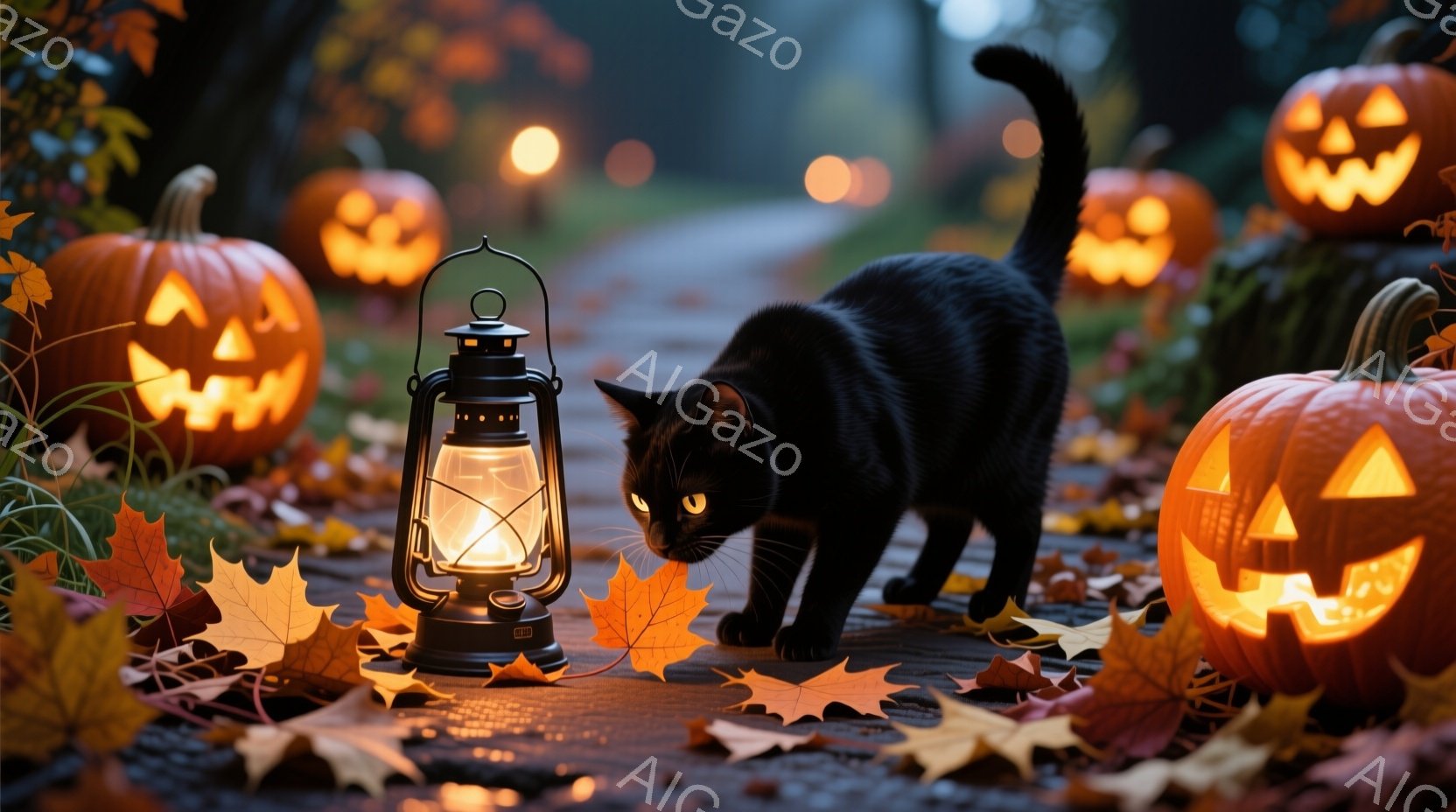 黒い猫が石畳の道を進み、周囲にはジャック・オー・ランタンが並び、オレンジ色の光が道を照らしている。道には紅葉が散らばり、遠くにはぼんやりとした光が見え、ハロウィーンの夜の静かで神秘的な雰囲気を醸し出し - AI生成フリー素材