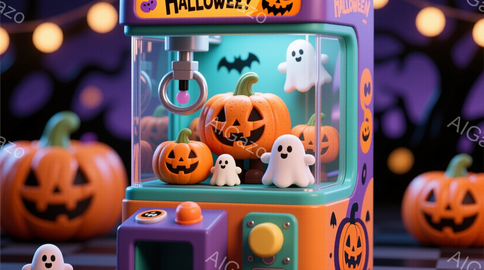 ハロウィーンをテーマにしたクレーンゲーム機と、周りに浮かぶカボチャと幽霊のイラストレーションです。ゲーム機の中には、さまざまな大きさのジャック・オ・ランタンと、愛らしい幽霊たちがおり、カラフルで遊び心のある雰囲気を醸し出しています。背景は暗く、ハロウィーンらしい装飾が施されており、全体的に楽しいお祭り気分が伝わってきます。