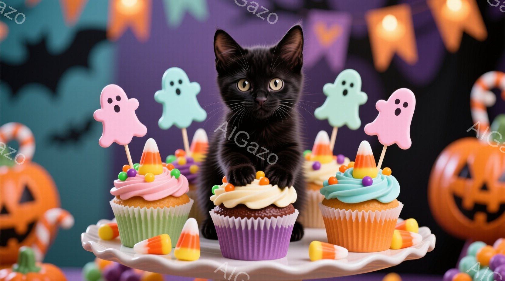 黒猫が、ハロウィーンをテーマにしたカップケーキの盛られたケーキスタンドの前に座っています。カップケーキはピンク、紫、水色のクリームで飾られ、キャンディコーンと小さな幽霊の飾り付けがされています。背景に - AI生成フリー素材