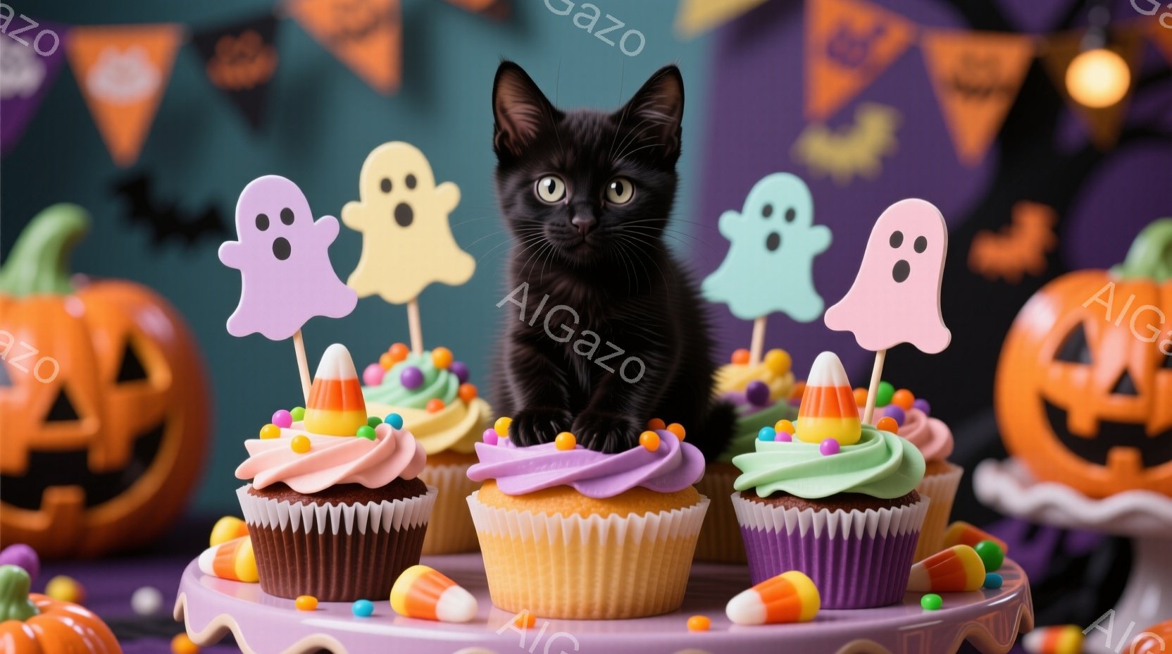 黒猫が紫色のケーキスタンドに座り、ハロウィーンをテーマにしたカップケーキに囲まれています。カップケーキはそれぞれ緑、ピンク、紫色のアイシングで飾られ、お化けの形をしたトッパーとキャンディコーンが添えら - AI生成フリー素材