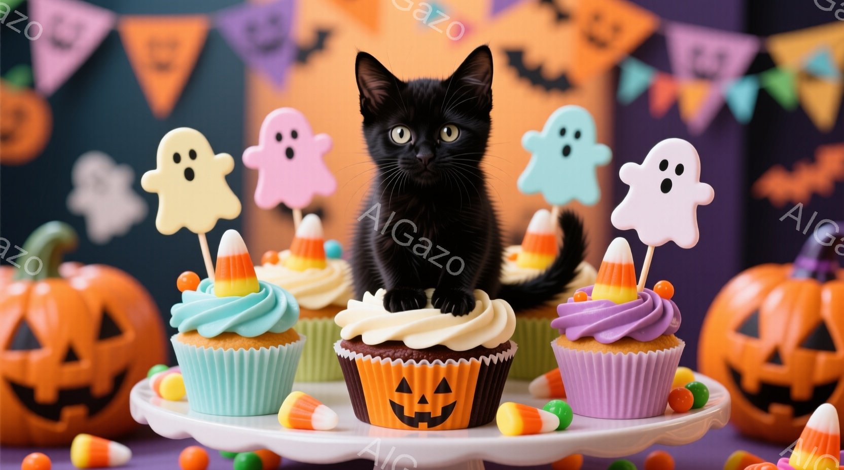 黒猫がハロウィーンのカップケーキとキャンディーの盛り合わせの中に座っています。背景にはオレンジと紫の旗が飾られ、パンプキンが配置されており、お祭り気分を盛り上げています。カップケーキにはジャック・オー - AI生成フリー素材