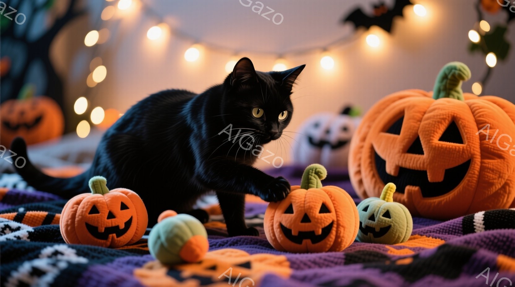 黒猫が紫とオレンジの毛布の上に座り、彫刻されたハロウィーンのジャック・オー・ランタンのぬいぐるみたちを見つめている。背景には、ぼんやりとオレンジ色の光を放つ他のハロウィーンの装飾が見え、全体的に暖かく、遊び心のある雰囲気が漂っている。猫は警戒しながらも好奇心旺盛な表情で、ハロウィーンの装飾に興味津々の様子だ。