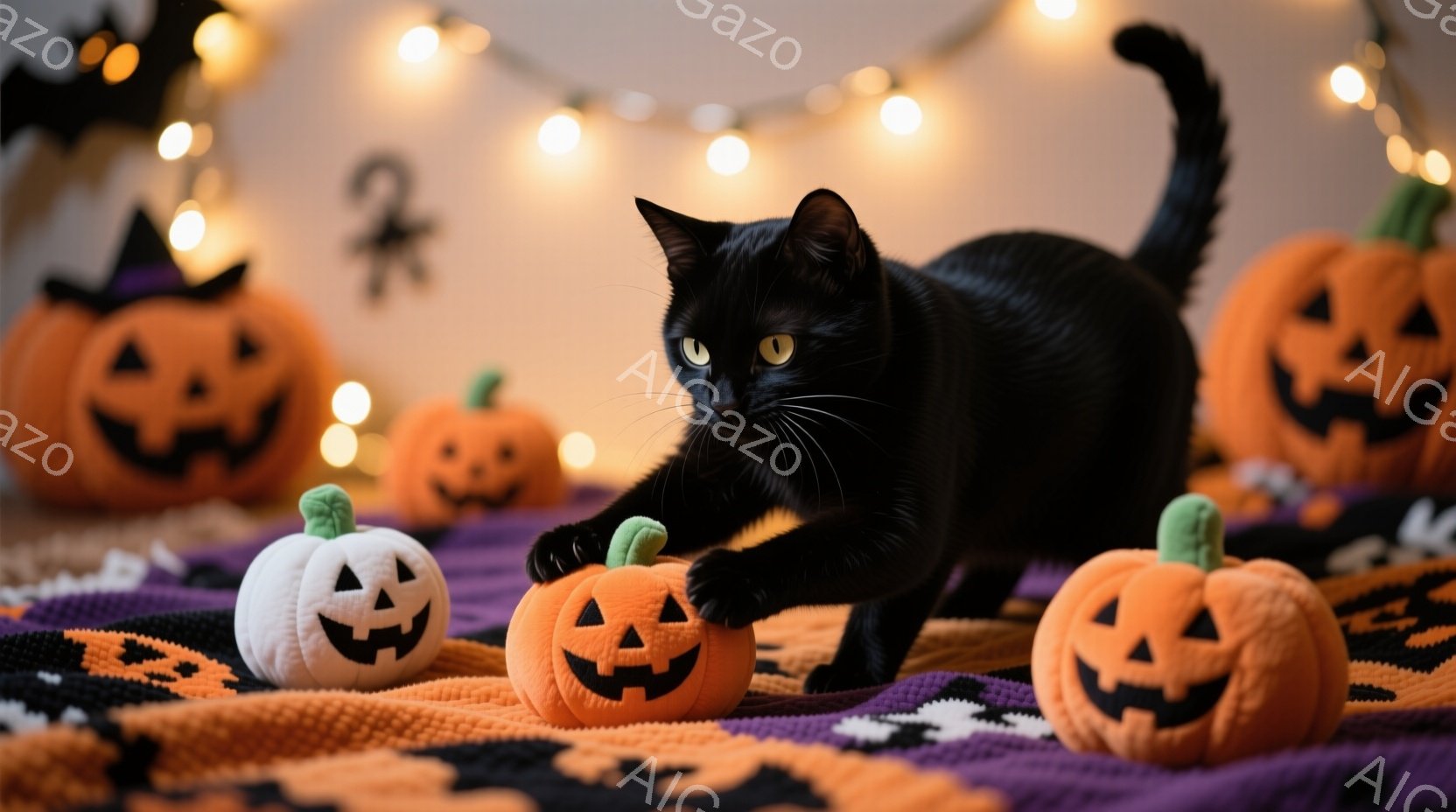黒猫がハロウィーンの装飾であるオレンジ色のカボチャのぬいぐるみに向かって伸びています。紫とオレンジのチェック柄の毛布の上にカボチャが並び、背景にはぼやけたハロウィーンの飾りと光る電球のガーランドがあり - AI生成フリー素材