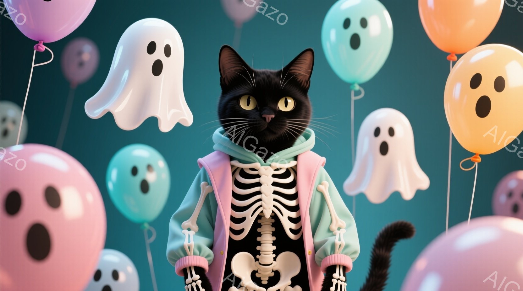 黒猫が骸骨柄のパーカーを着て、少し不機嫌そうな表情で正面を見つめています。背景には、パステルカラーの幽霊の風船が多数浮かんでおり、ハロウィーンを連想させる雰囲気です。猫の姿勢はまっすぐで、その毛並みと風船の柔らかい色合いが対照的です。