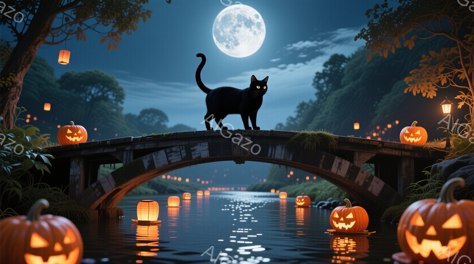 漆黒の猫が古びた石橋の上に優雅に立っている。橋の下には水面が静かに広がり、浮かぶカボチャやお化け屋敷のような提灯が幻想的な光を放っている。満月の夜空と周囲の緑豊かな木々が、ハロウィーンの神秘的な雰囲気を醸し出している。