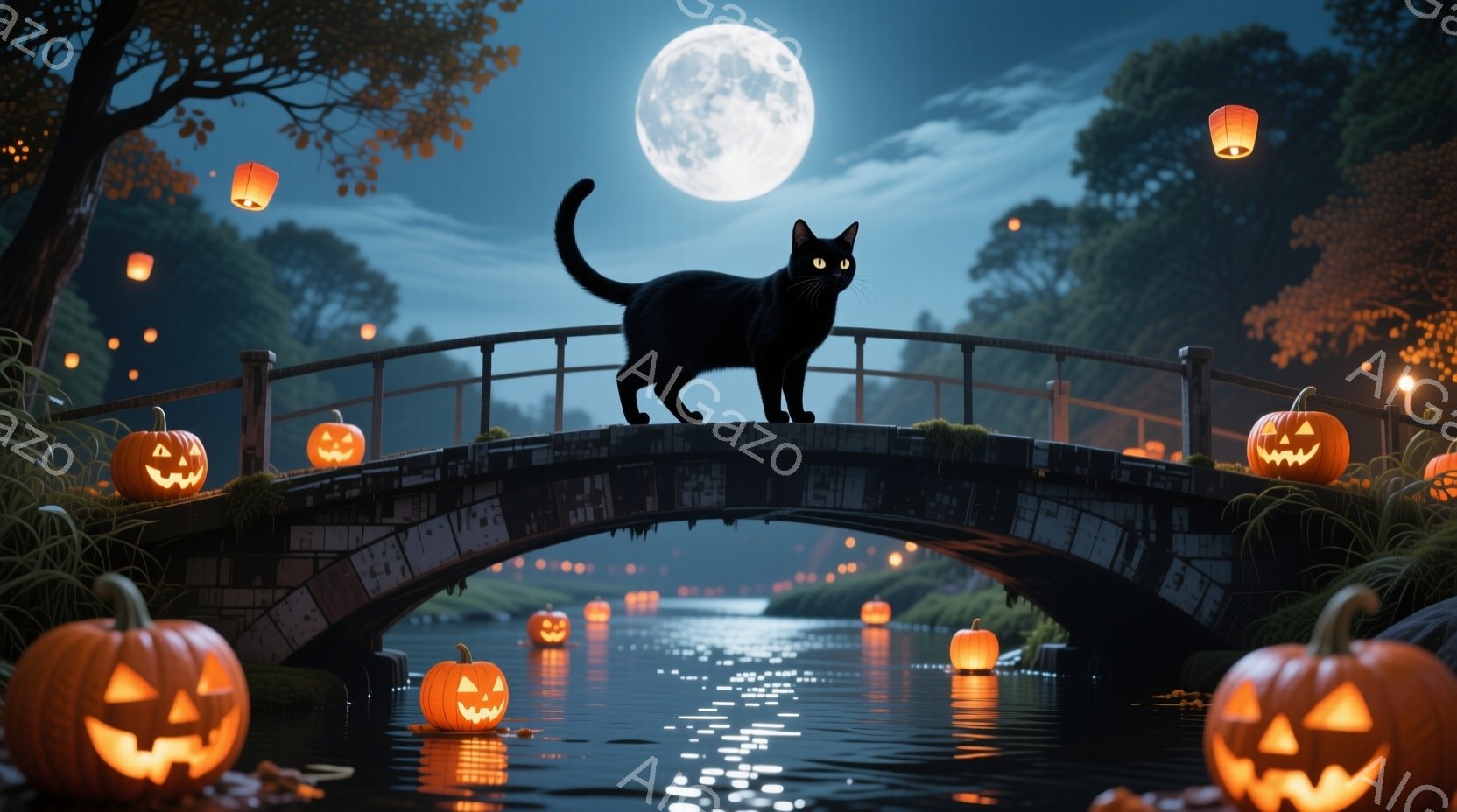 黒い猫が、ハロウィーンの装飾が施された橋の上で、背筋を伸ばして立っている。背景には、水面に反射するオレンジ色のジャック・オ・ランタンと、ぼんやりとした月明かりの中に浮かぶ木々が見え、神秘的な雰囲気を醸し出している。全体的に、夜のハロウィーンの静けさと、少し不気味な雰囲気が漂う。