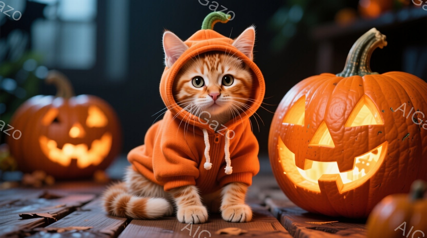 明るいオレンジ色の服を着た小さなオレンジ色のキツネのような猫が、木製の板の上に座っています。猫は前方をまっすぐ見ており、好奇心と少しの警戒心を抱いた表情をしています。背景には、彫刻された怖い顔が光るハ - AI生成フリー素材