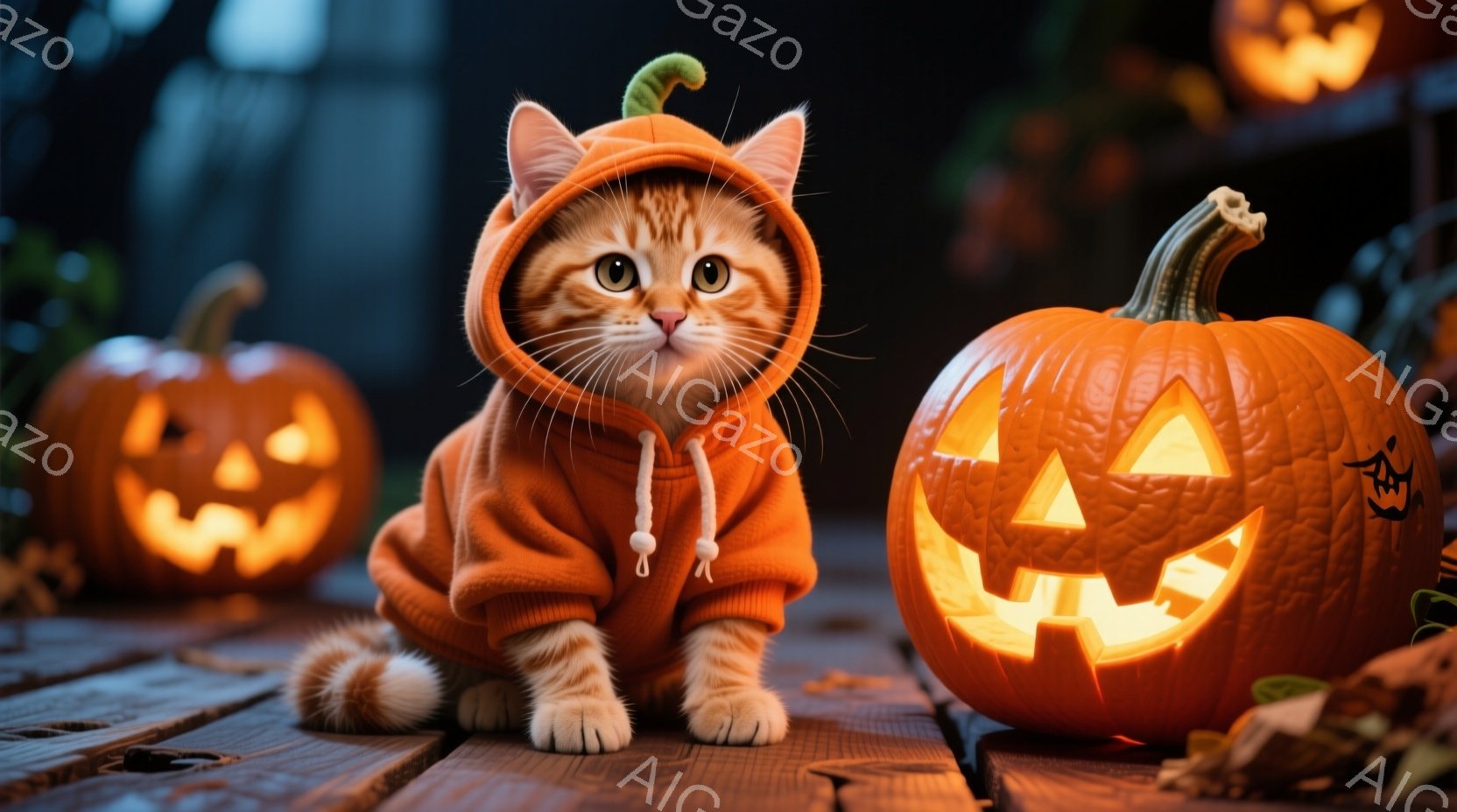 明るいオレンジ色の衣装を着た子猫が、板張りのテーブルの上に座っています。子猫は前を見据え、好奇心と少しの戸惑いが入り混じった表情をしています。背景には、光を灯したジャック・オー・ランタンが複数配置され - AI生成フリー素材