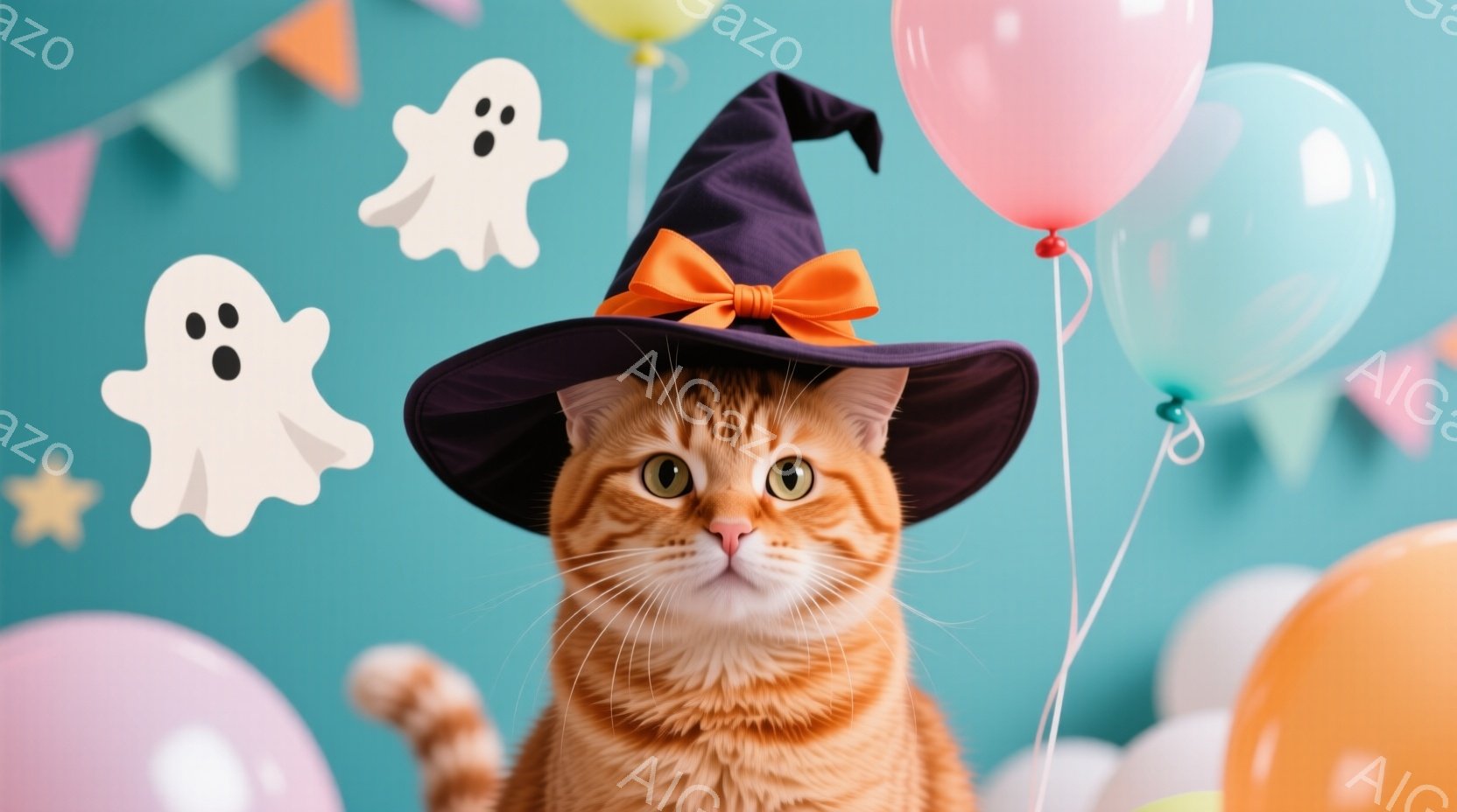 オレンジ色の毛並みの猫が、ハロウィーン用の黒い帽子をかぶって正面を見つめています。猫は少し自信のある表情で、ふわふわの尻尾が特徴的です。背景はターコイズブルーで、カラフルな風船や幽霊の飾り付けがされており、お祝いムードを演出しています。