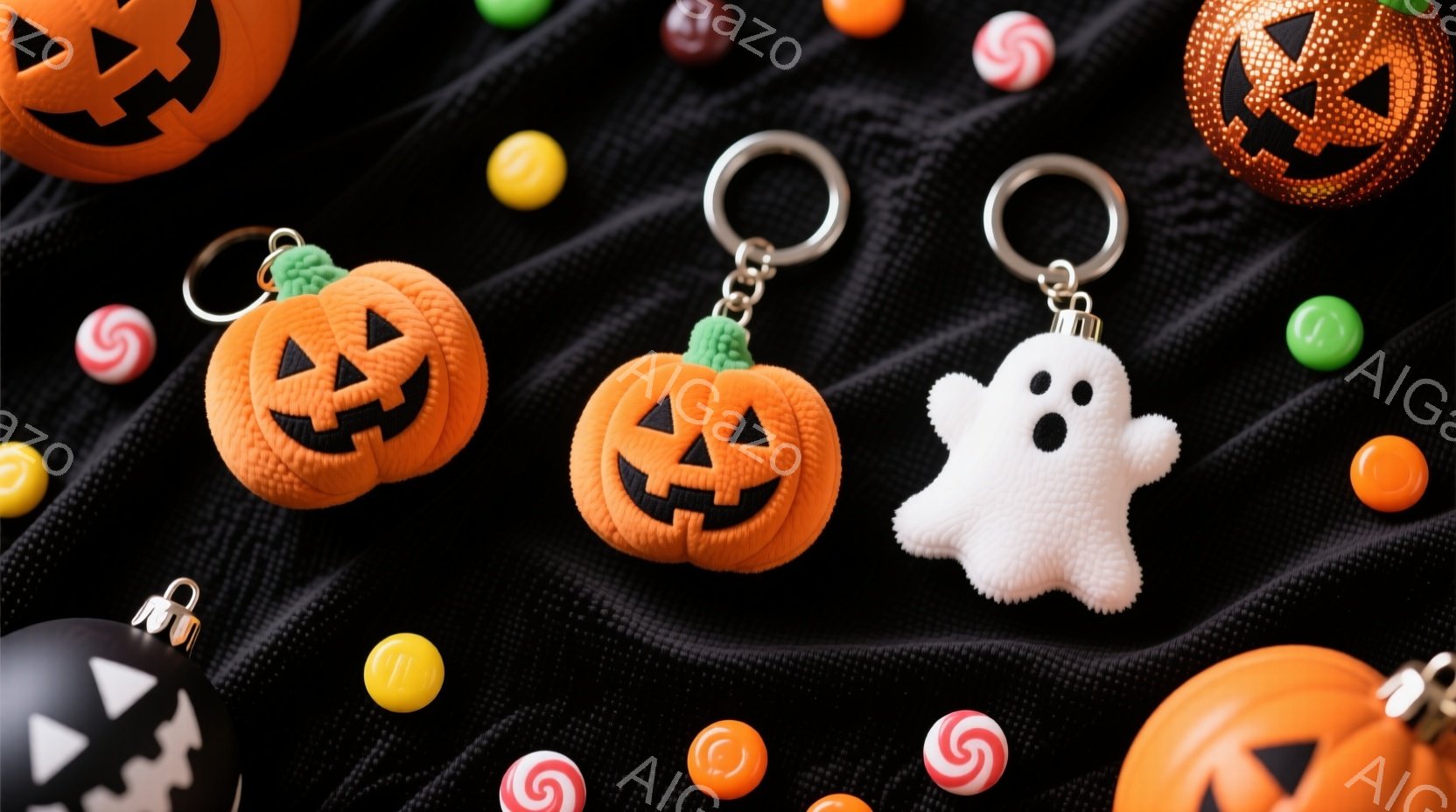黒い布の上に、ハロウィーンをテーマにしたキーホルダーやキャンディーが散りばめられています。オレンジ色のジャック・オ・ランタン、白い幽霊、そして様々な色のキャンディーが、ハロウィーンの雰囲気を盛り上げています。全体的に、楽しくてお祭り気分な様子が伝わってきます。