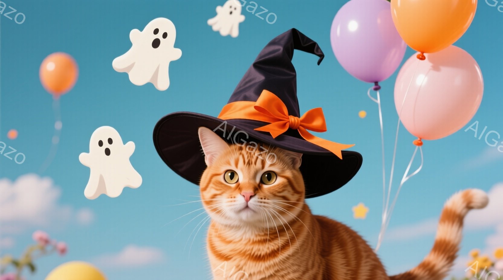 オレンジ色の縞模様の猫が、ハロウィーンらしい黒い帽子とオレンジ色のリボンをつけて、カメラの方を見ています。背景には、水色と白の空、浮かぶお化けのイラスト、そしてカラフルな風船があり、全体的に陽気で楽し - AI生成フリー素材
