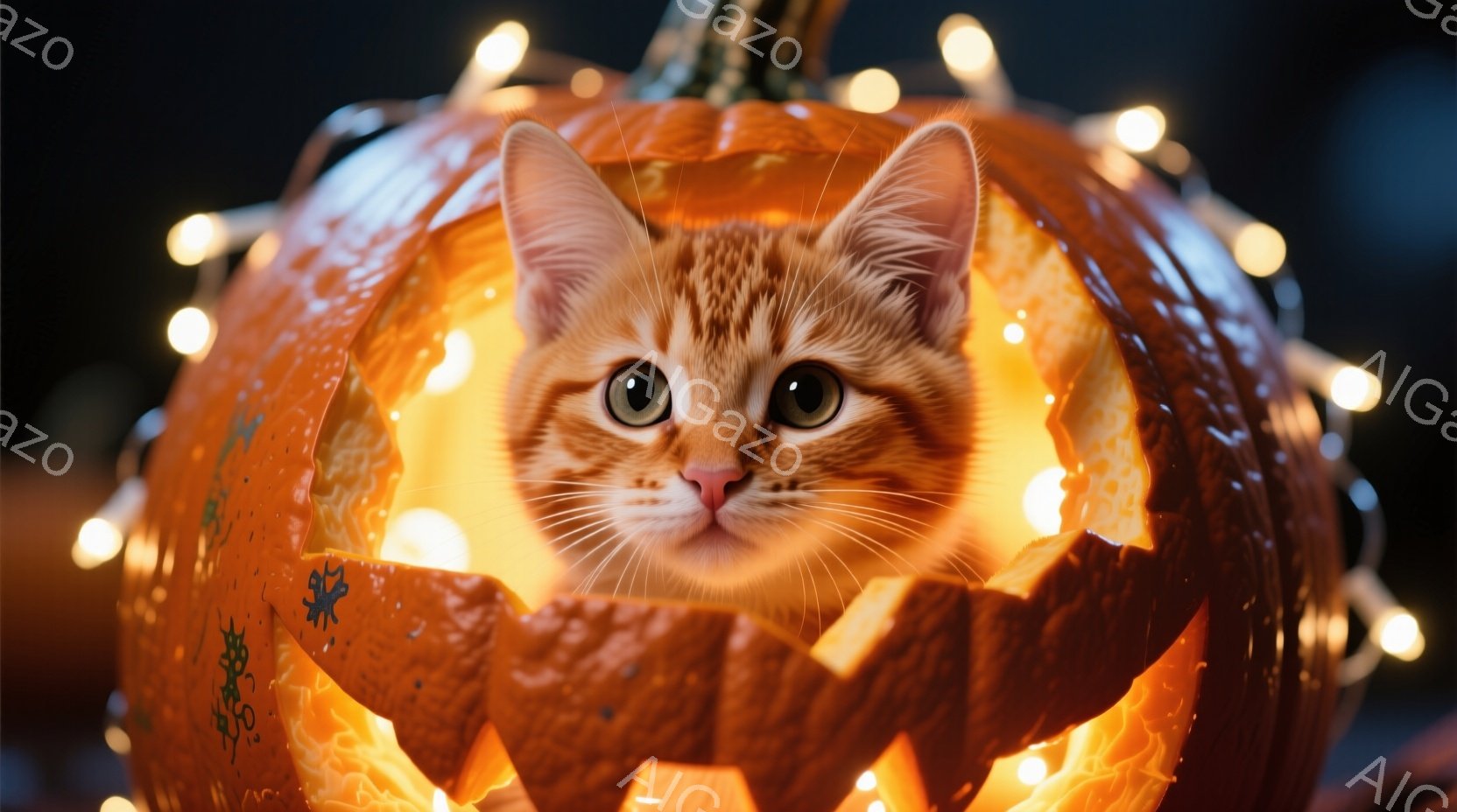 オレンジ色の背景に、くり抜かれたハロウィーンのジャック・オー・ランタンの中に、虎斑模様の猫が顔を出しています。猫は好奇心旺盛な表情で、大きく見開いた目でカメラを見ており、その周りには暖かいオレンジ色の光が灯っています。背景は暗く、ぼやけた光のストリングが猫とカボチャを囲み、温かく遊び心のある雰囲気を醸し出しています。